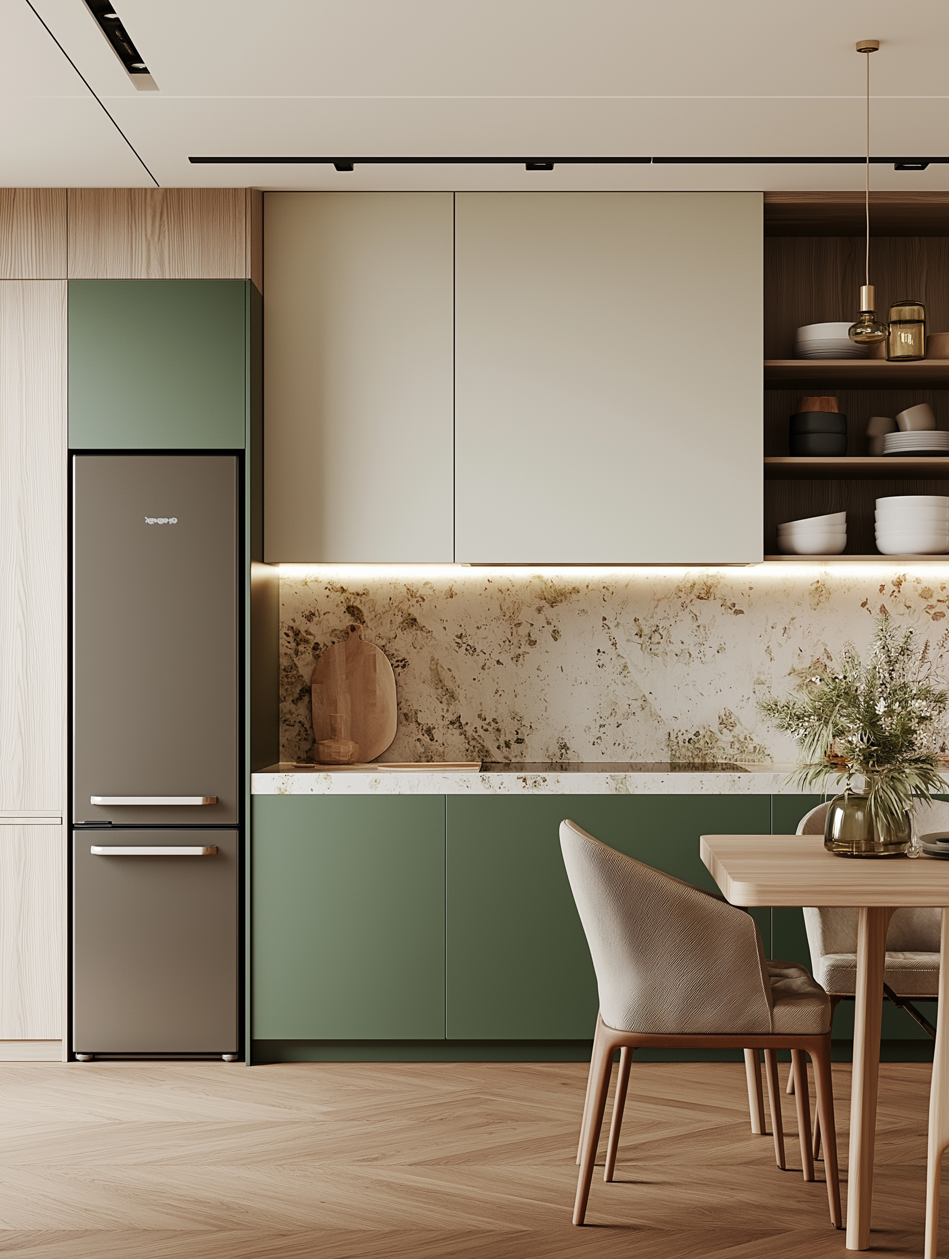 Contemporary Green and White Kitchen with Elegant Stone Backsplash | Material Depot