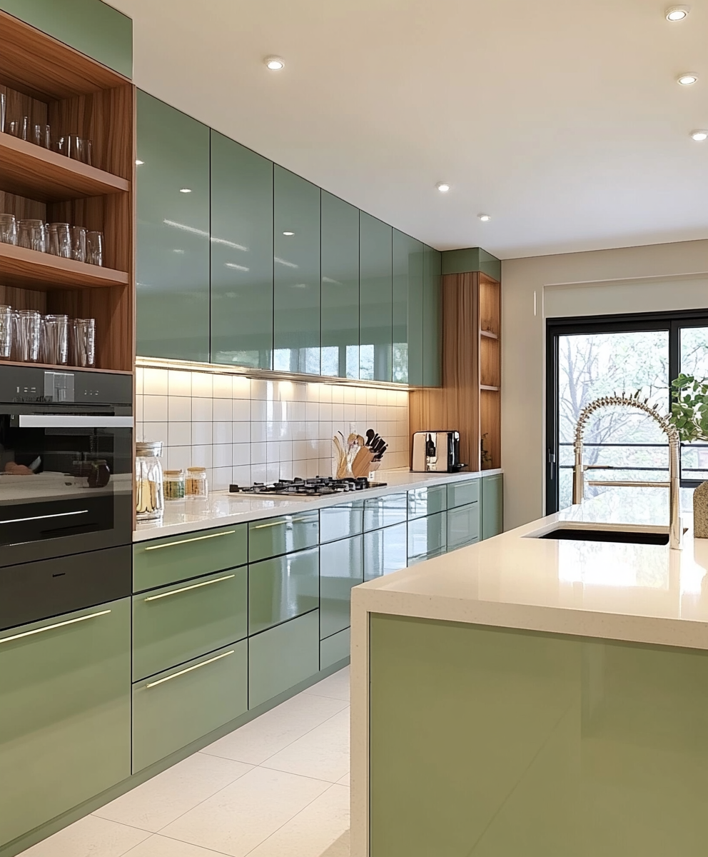 Contemporary Green Kitchen with Natural Wood Elements | Material Depot