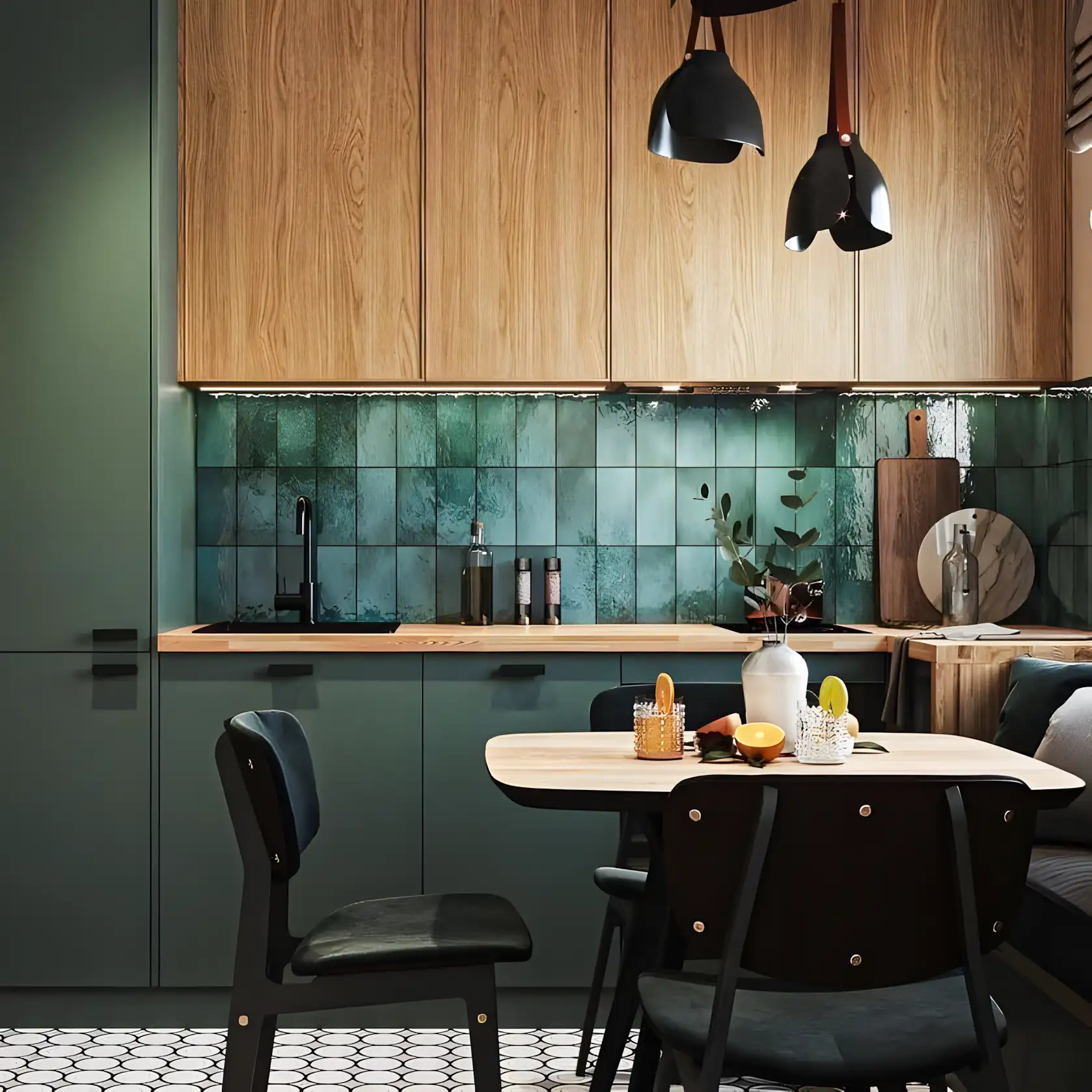 Contemporary Green Kitchen with Wood Accents | Material Depot