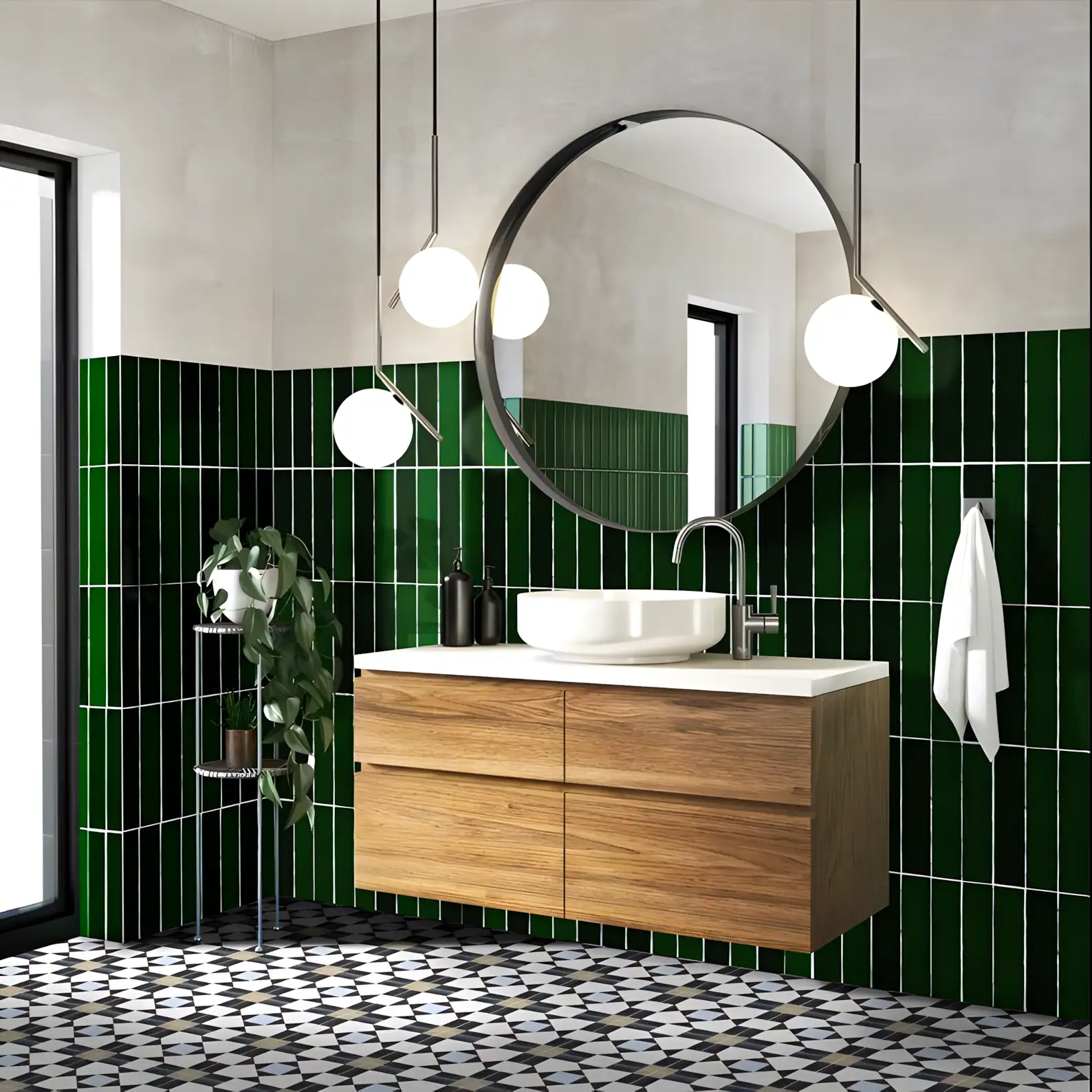 Modern Bathroom with Glossy Green Tiles and Geometric Flooring | Material Depot