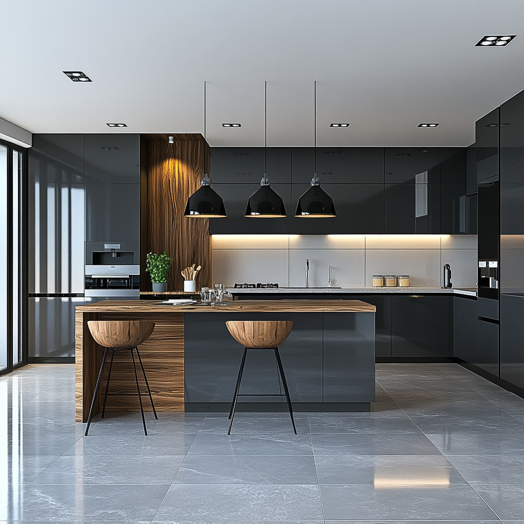 Contemporary Harmony: Kitchen Design Featuring a Blend of Natural Wood and Modern Gray Tones | Material Depot