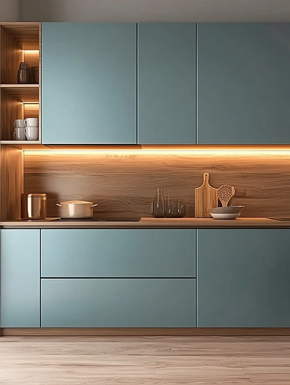 Contemporary Kitchen Design: Aqua Blue Cabinets with Warm Wood Lighting | Material Depot