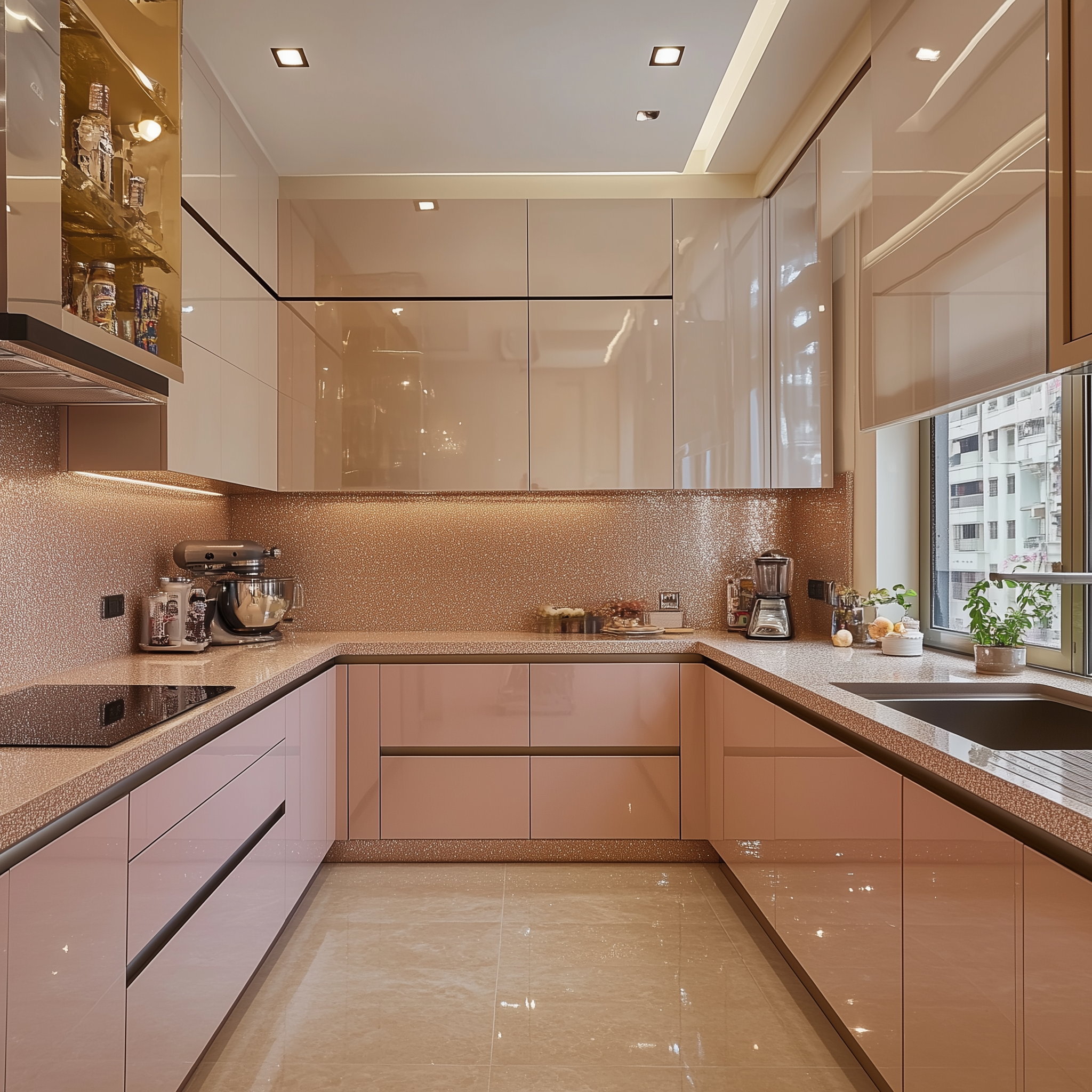 Contemporary Kitchen in Blush Tones with Sparkling Backsplash and High-Gloss Cabinets | Material Depot