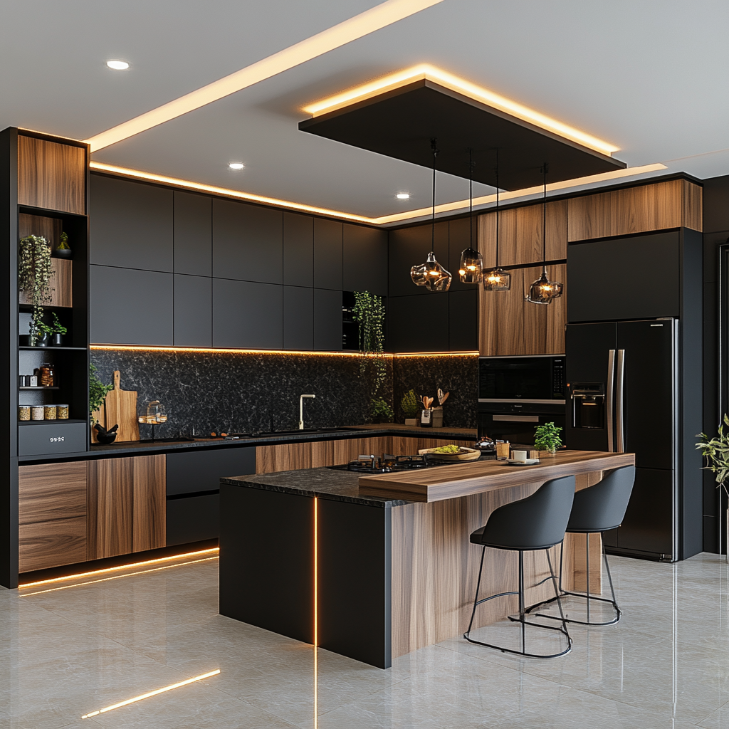 Contemporary Kitchen with Black and Wood Elements Featuring Marble Backsplash | Material Depot