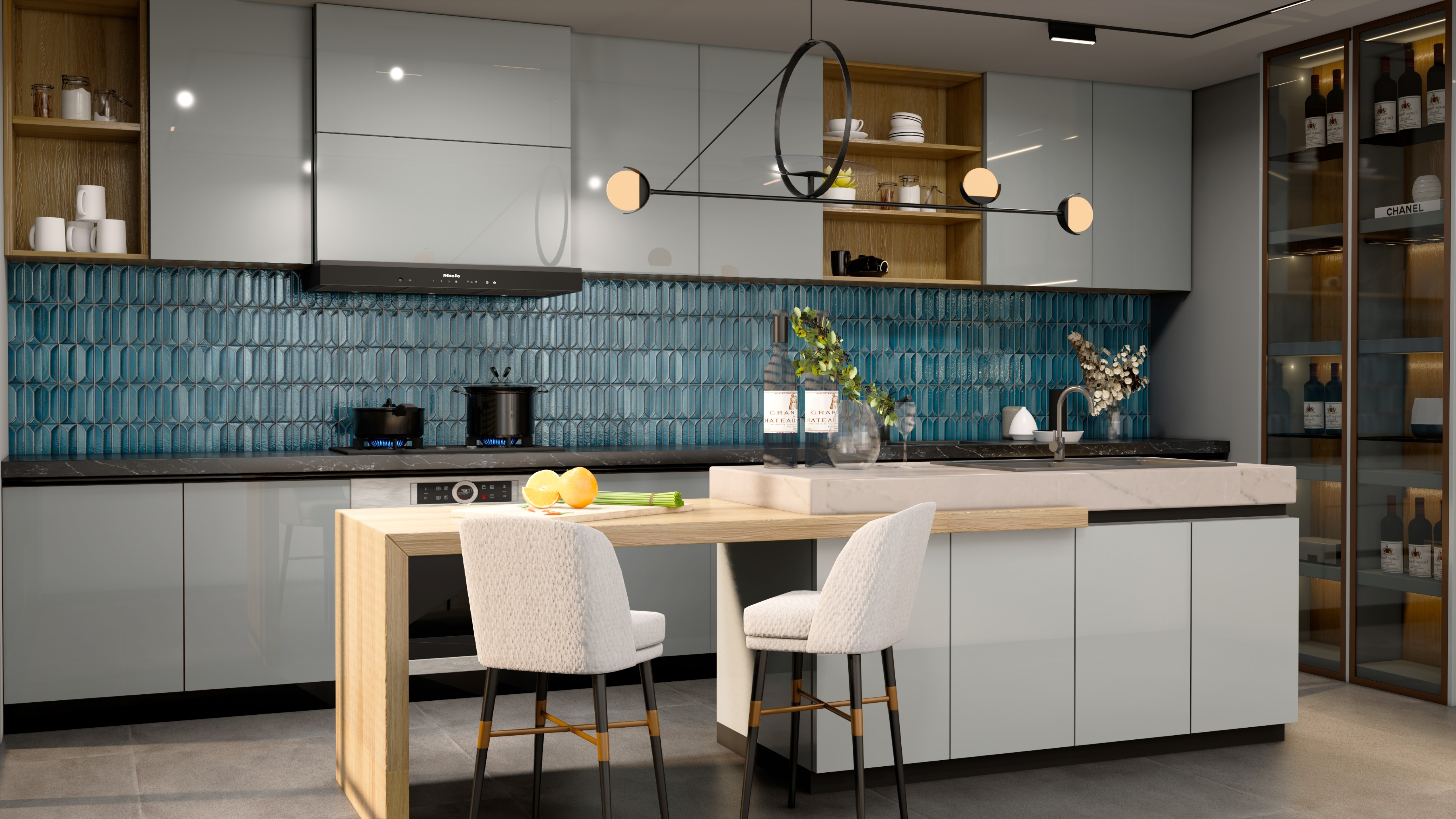 Contemporary Kitchen with Blue Geometric Backsplash and Glossy Cabinets | Material Depot