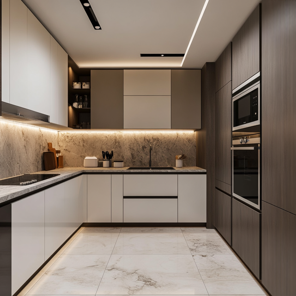 Contemporary Kitchen with Dual-Tone Cabinets and Marble Highlights | Material Depot