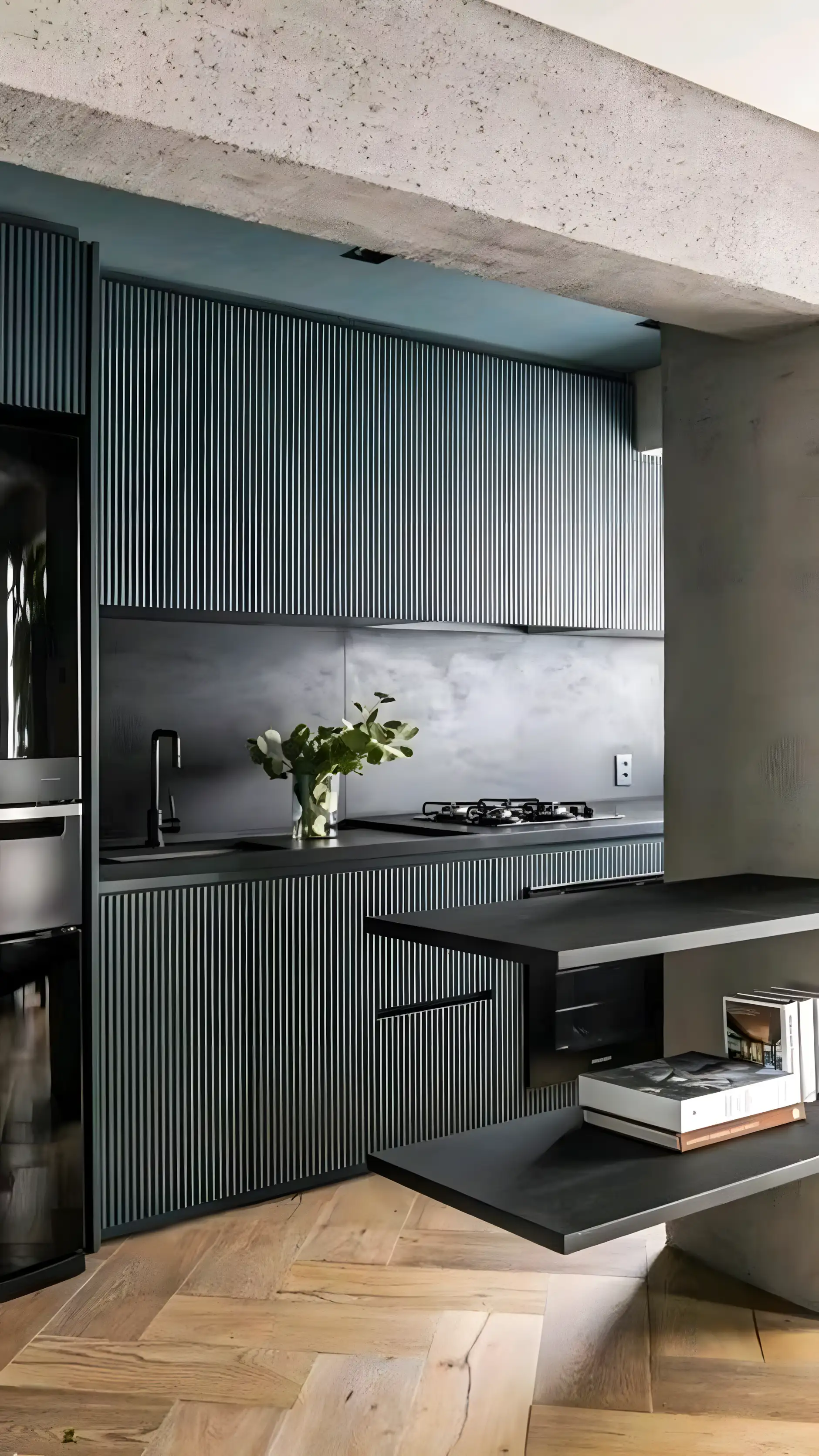 Contemporary Kitchen with Fluted Cabinetry and Concrete Elements | Material Depot