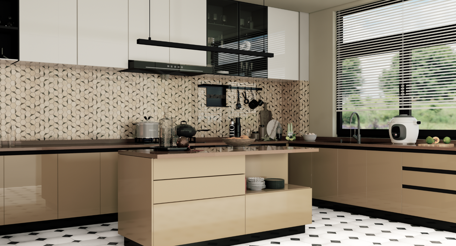 Contemporary Kitchen with Geometric Tiles and Glossy Beige Cabinets | Material Depot