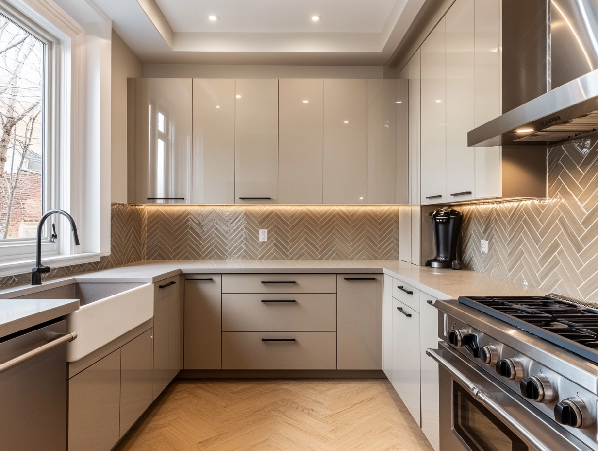 Contemporary Kitchen with Herringbone Backsplash and Natural Light | Material Depot