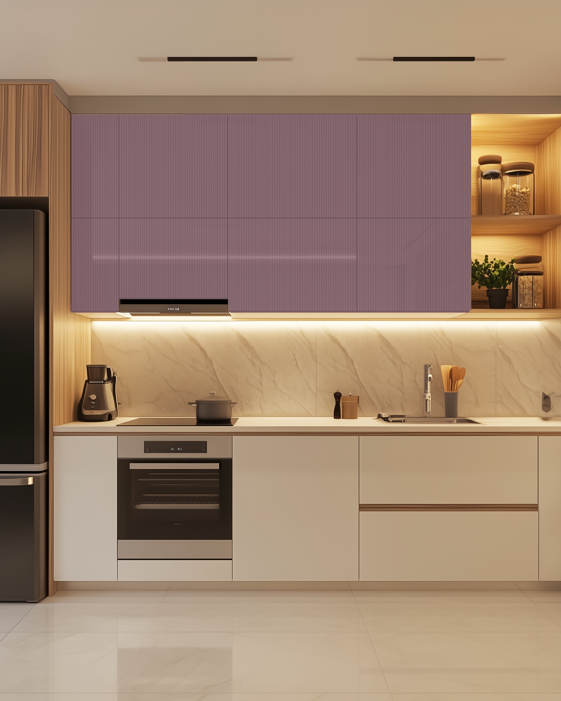 Contemporary Kitchen with Pink Fluted Acrylic Cabinets and Glossy Upper Units | Material Depot