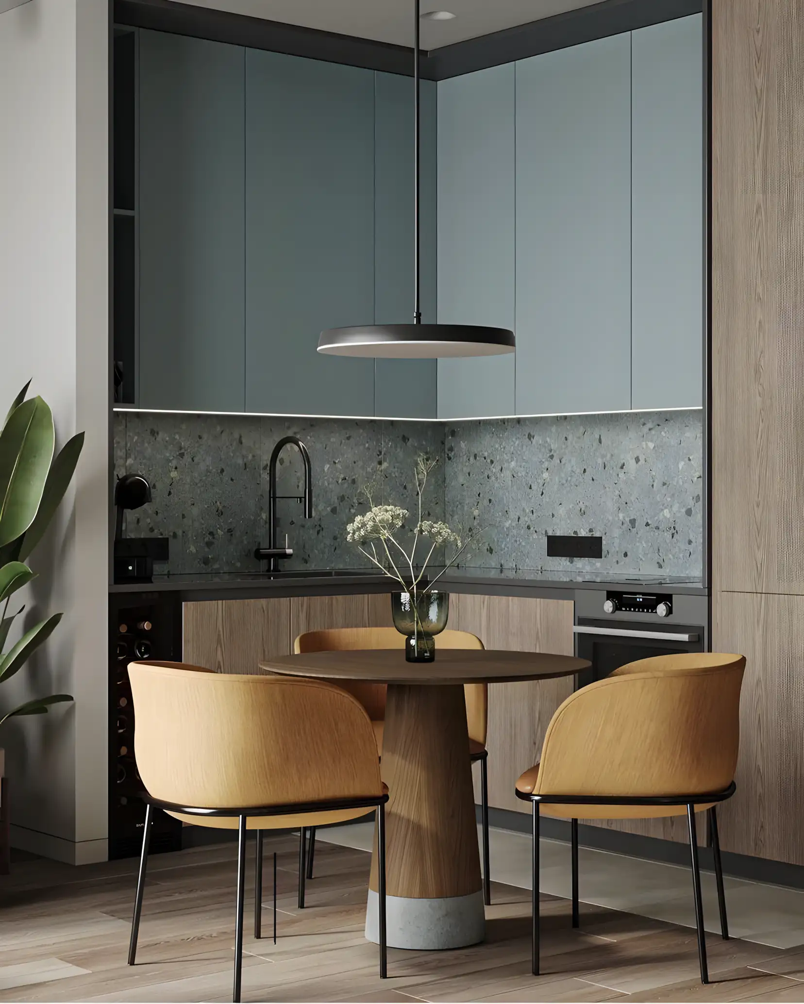 Contemporary Kitchen with Terrazzo Backsplash and Warm Accents | Material Depot