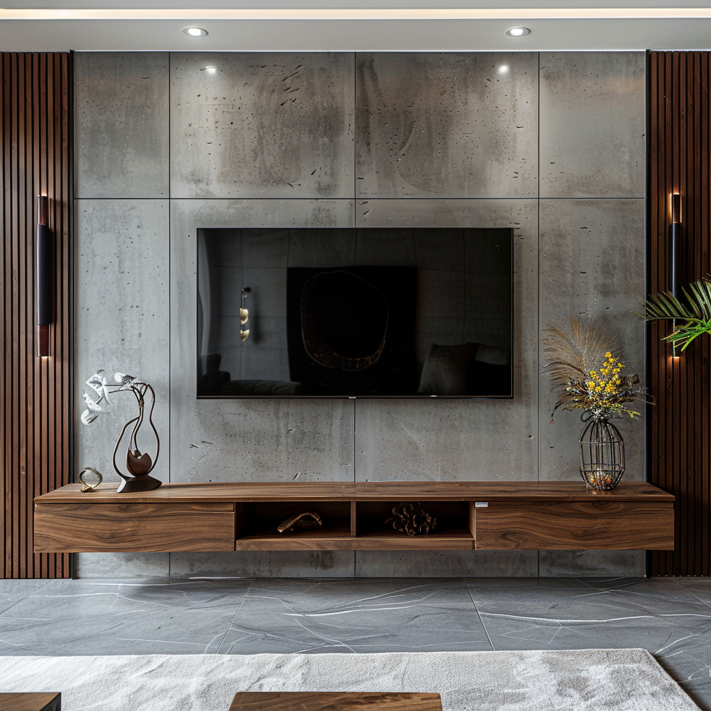 Contemporary TV Unit with Concrete Accent Wall and Wooden TV Console | Material Depot