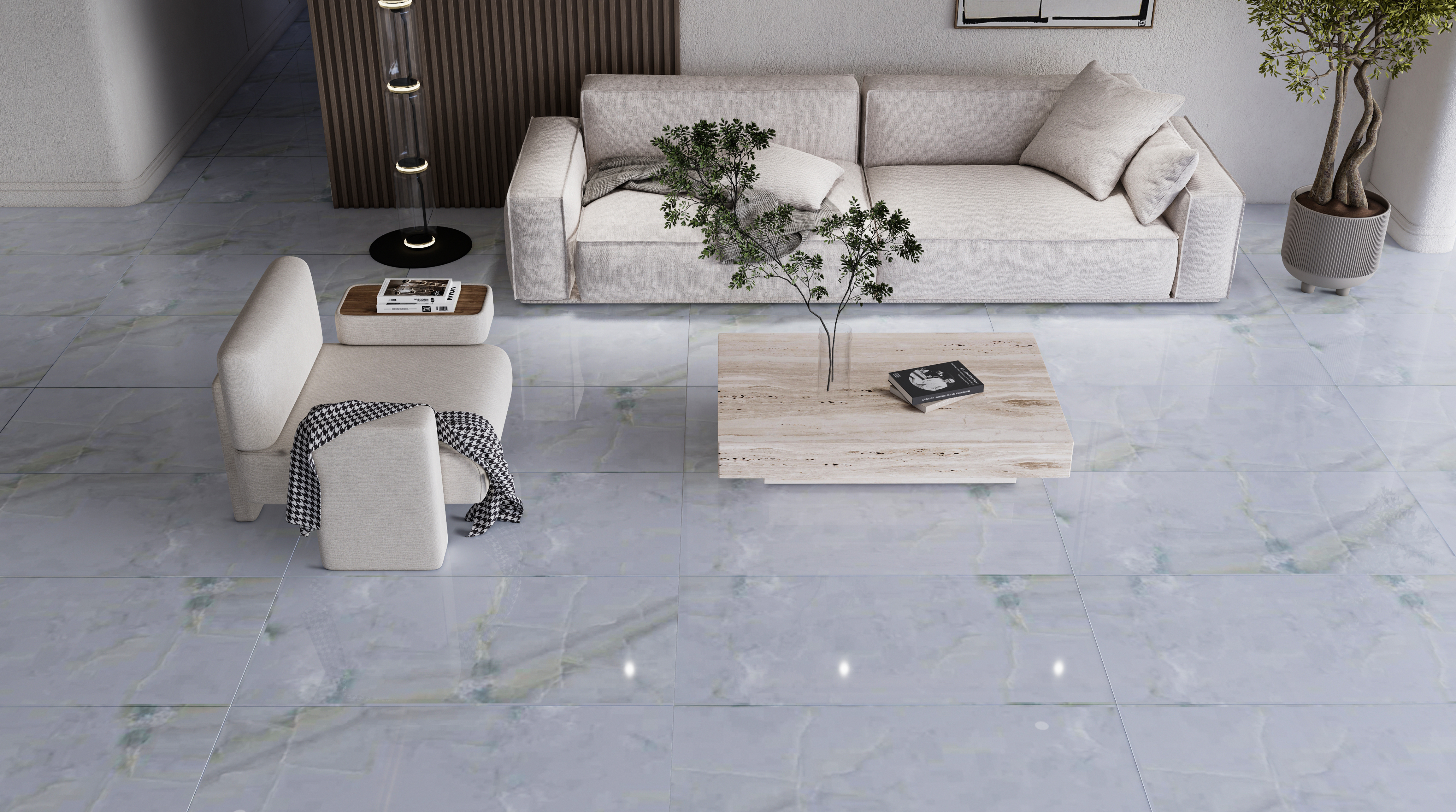 Contemporary Living Room with Elegant Blue Marble Look Flooring | Material Depot