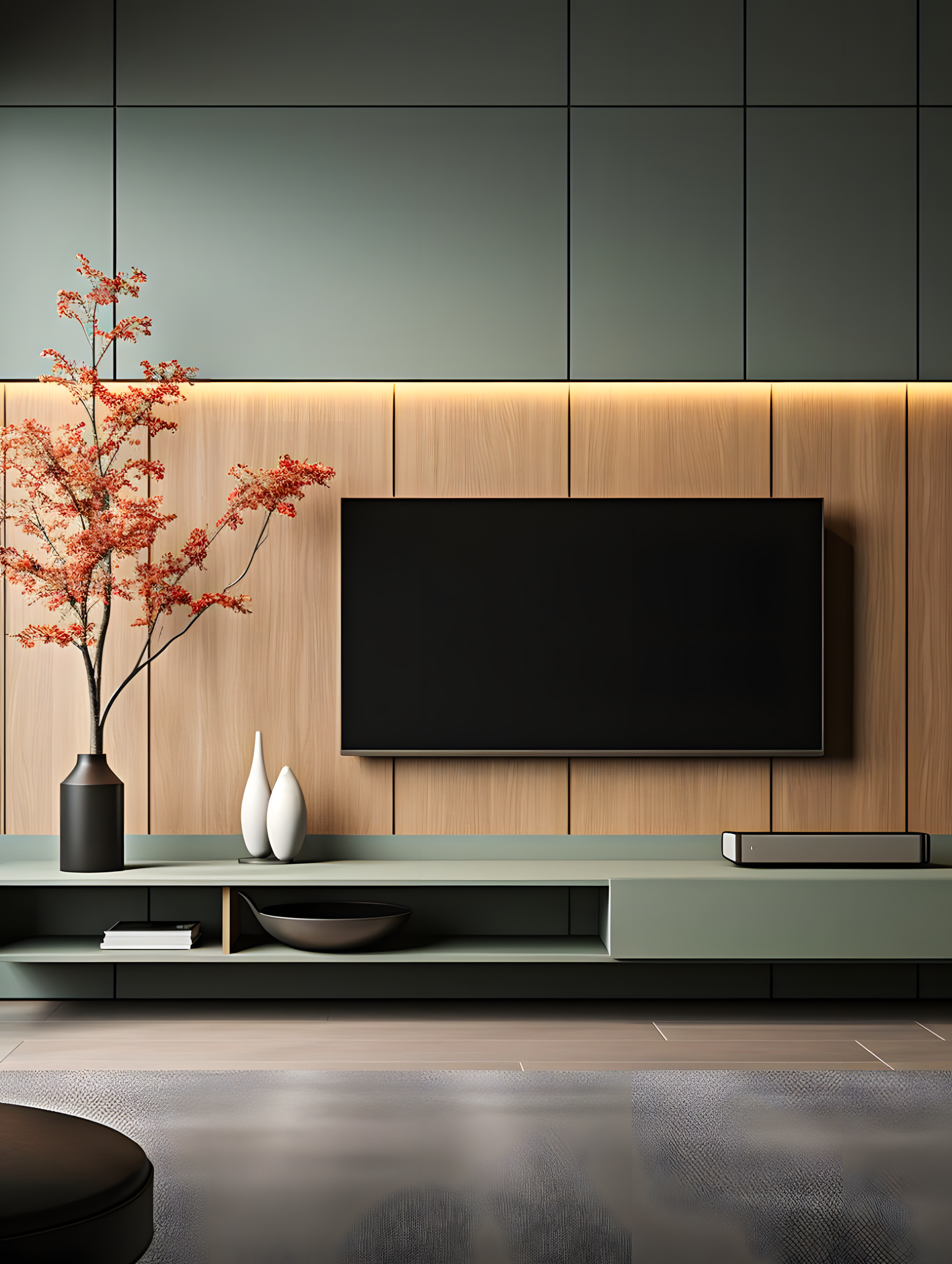 Contemporary TV Unit with Green and Wood Accent Wall | Material Depot