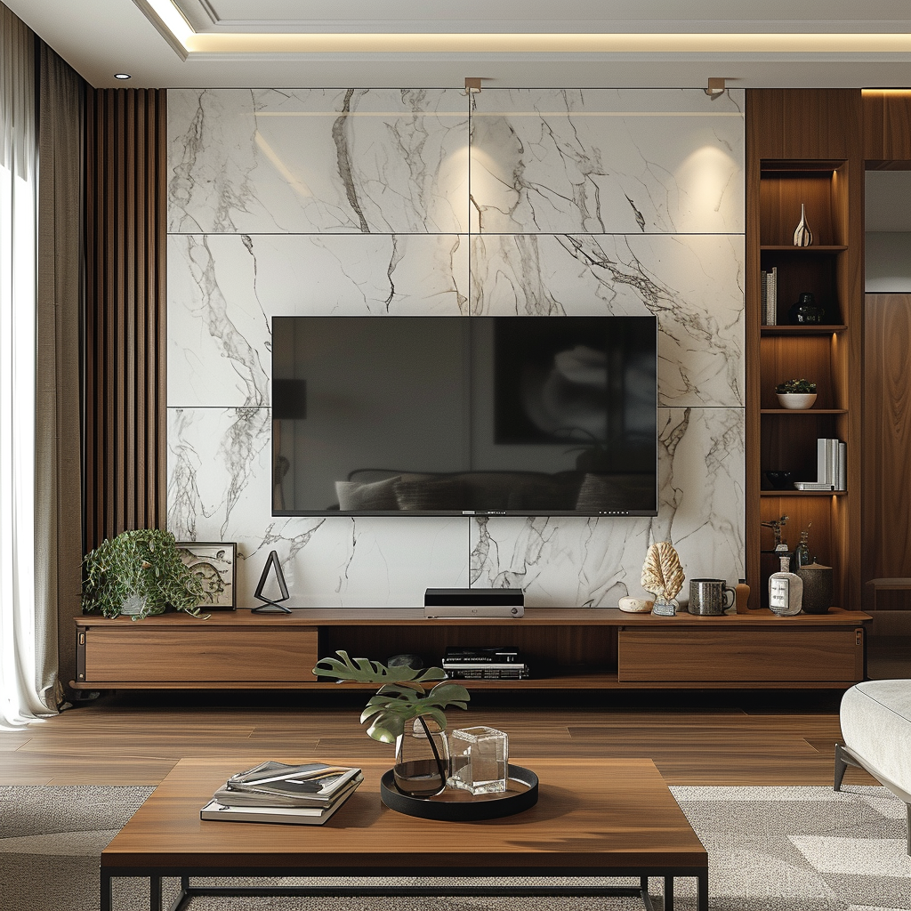 Contemporary TV Unit with Marble Accent Wall and Wooden TV Console | Material Depot