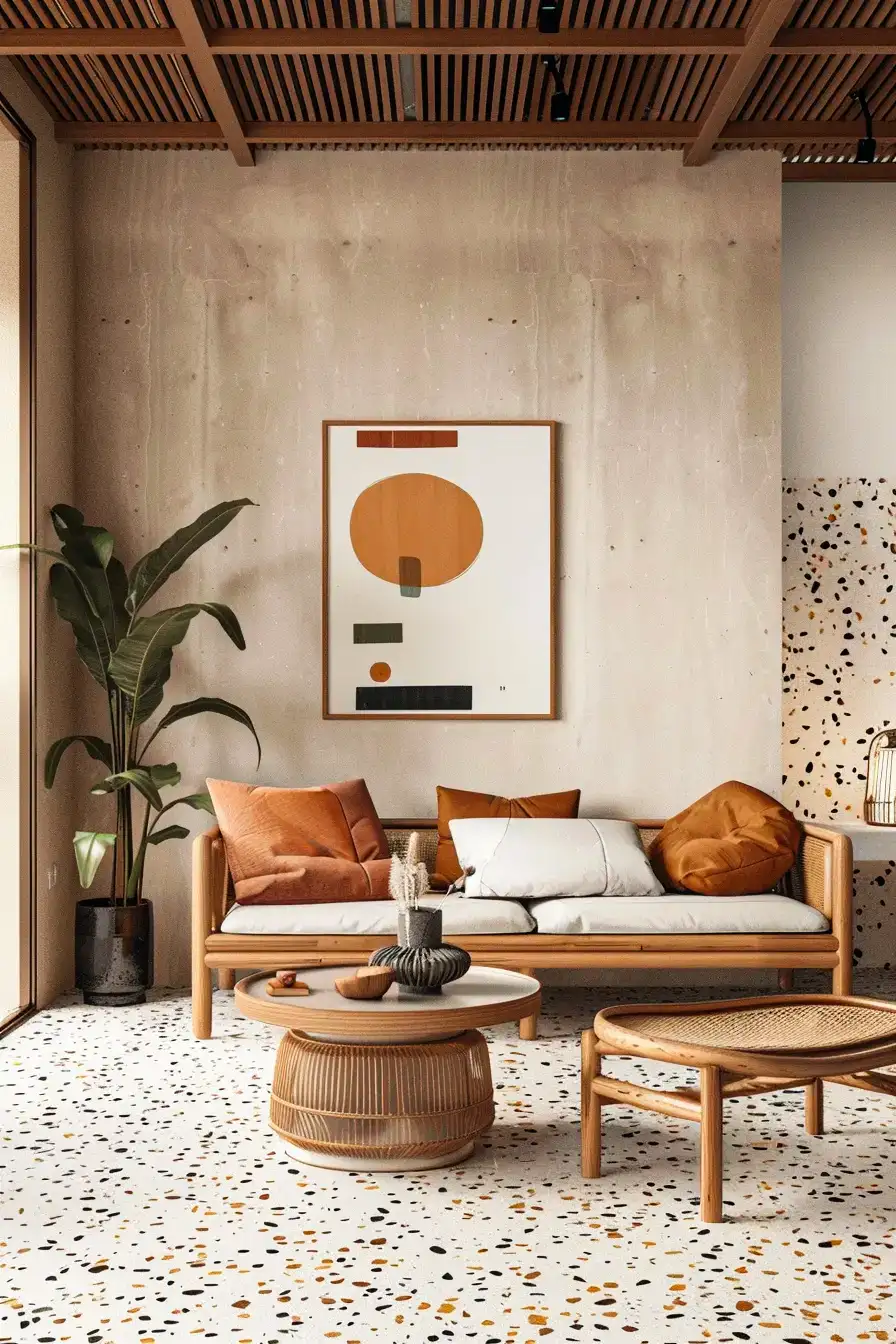 Contemporary Living Room with Terrazzo Flooring and Warm Tones | Material Depot