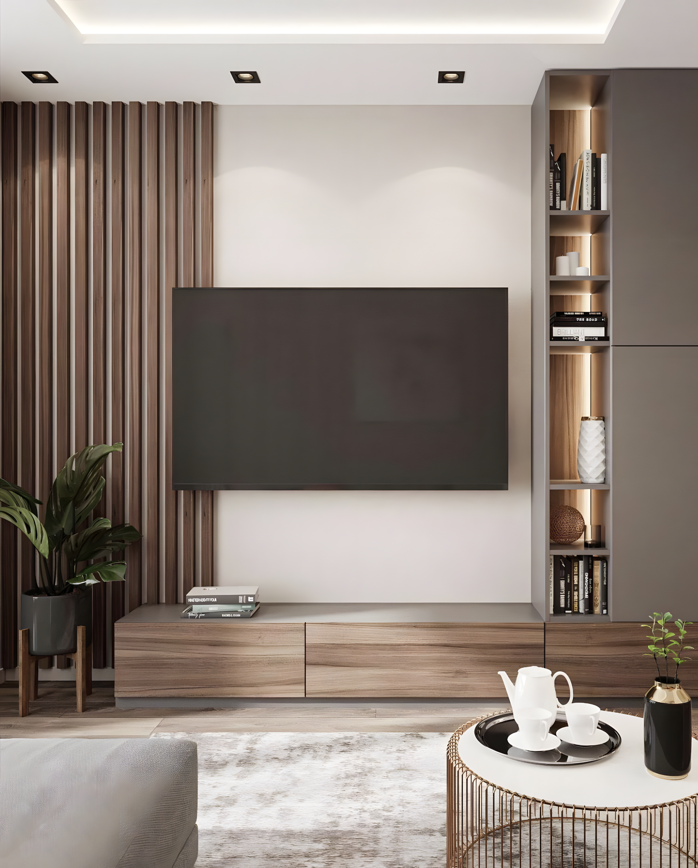 Contemporary TV Unit with Wood-Paneled Accent Wall and Built-in Shelving | Material Depot