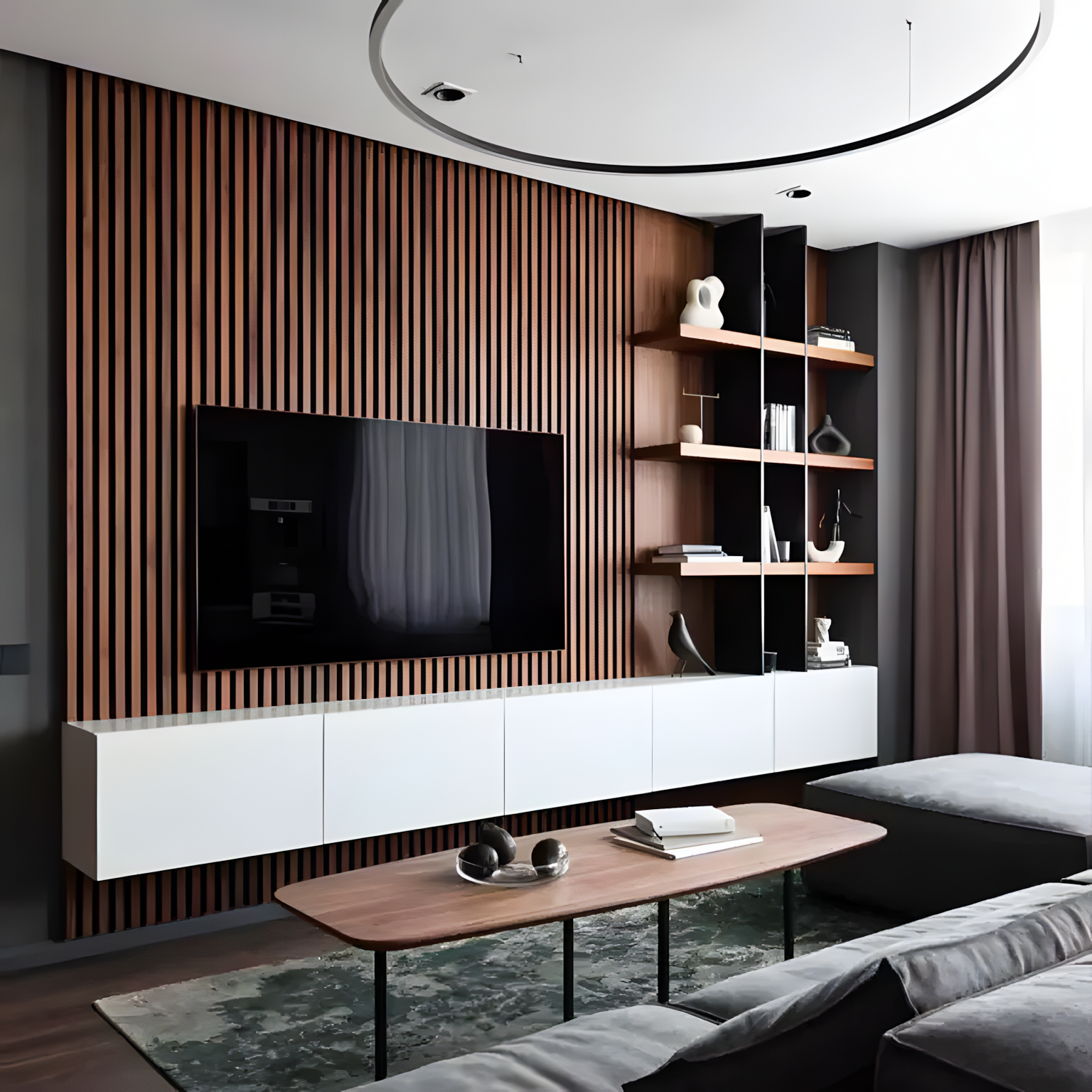 Contemporary TV Unit with Wood-Paneled Accent Wall and Built-in Shelving | Material Depot