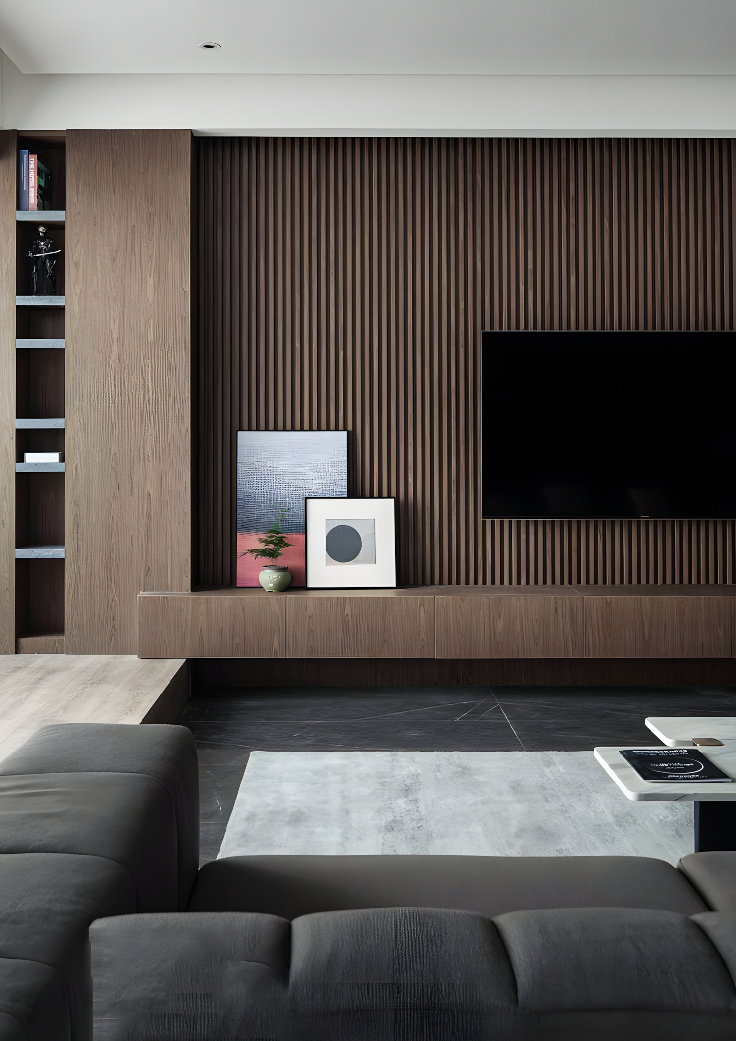 Contemporary TV Unit with Wood-Paneled Accent Wall and Built-in Shelving | Material Depot