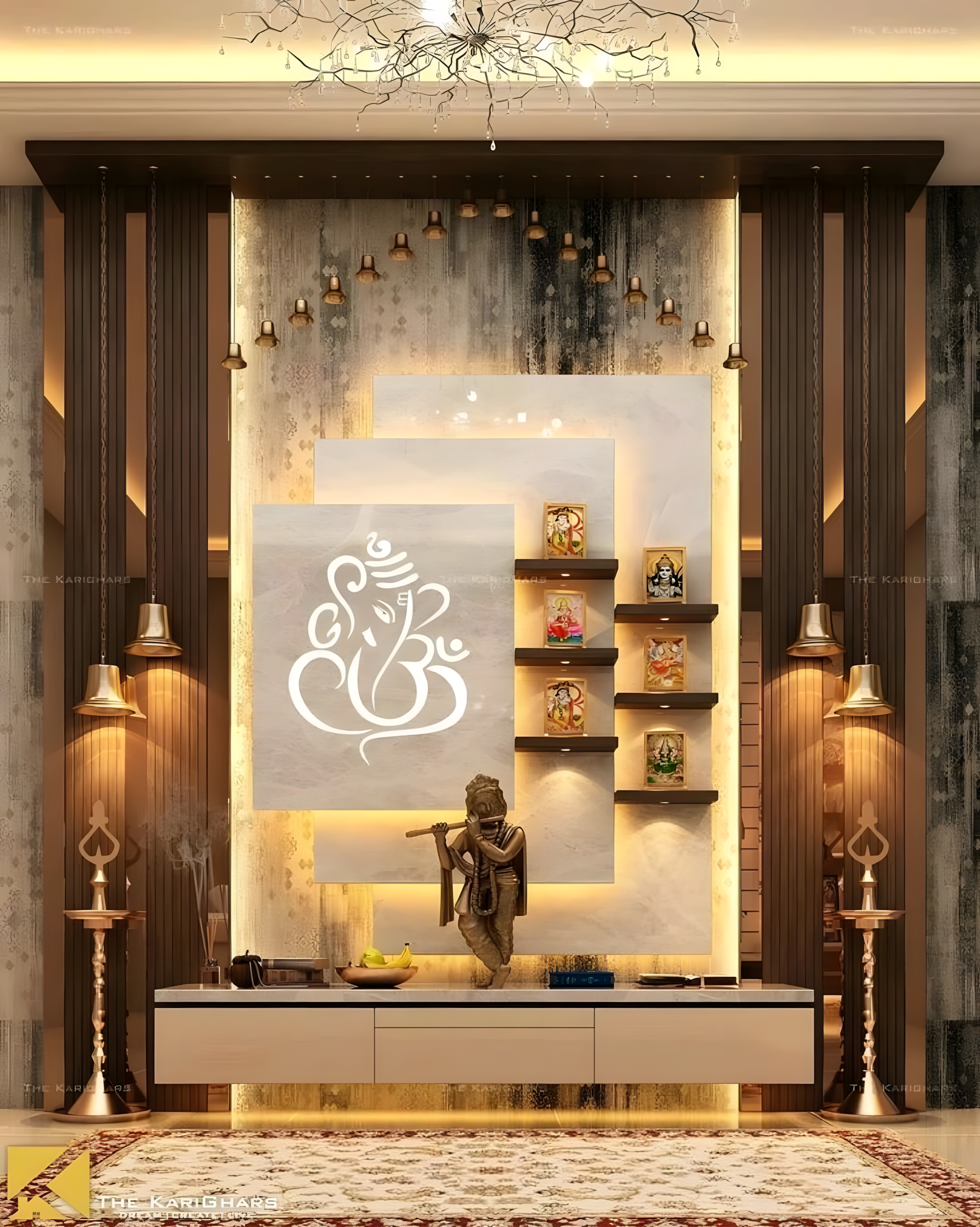 Contemporary Pooja Room with Intricate Lighting and Wooden Accents | Material Depot