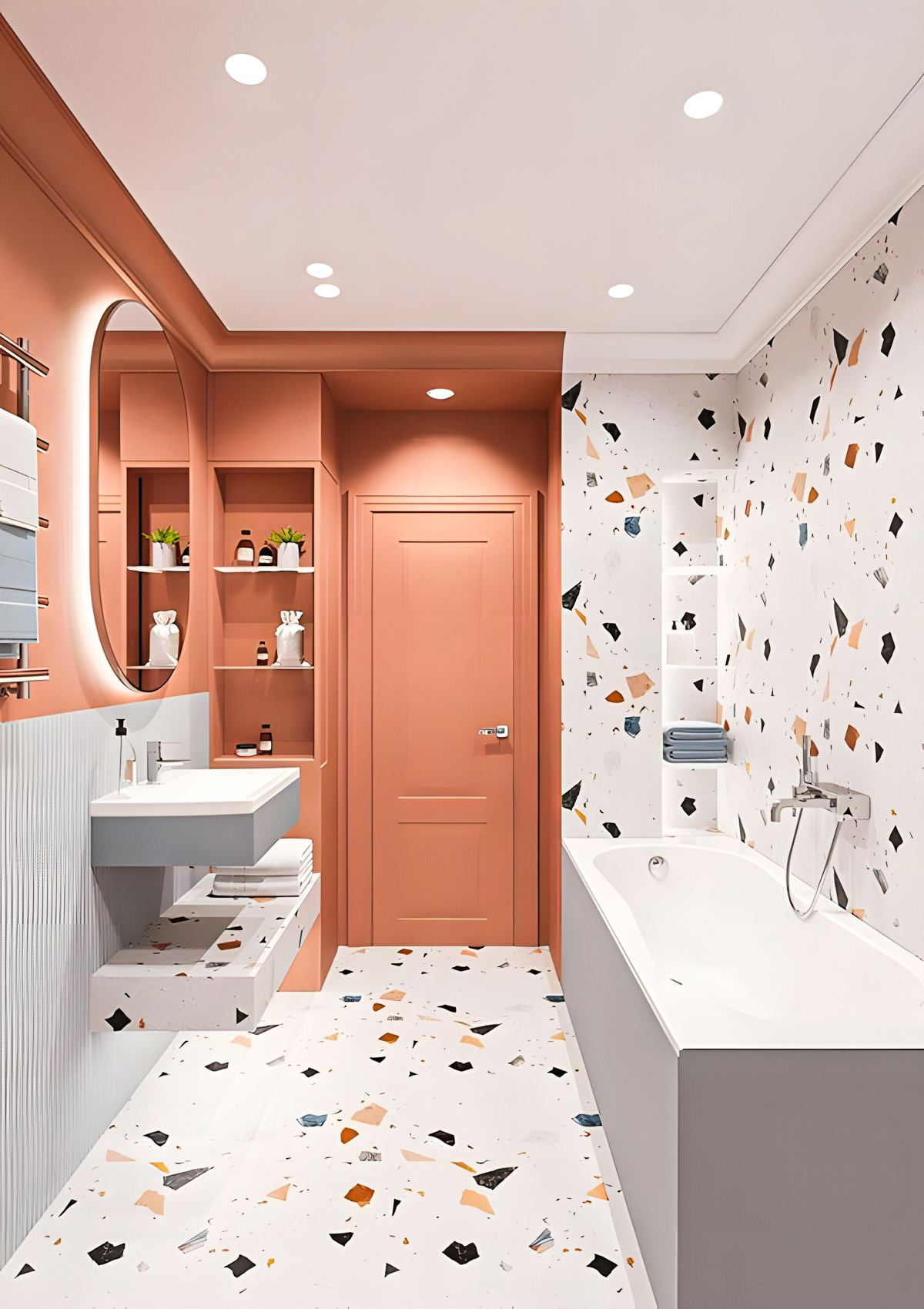 Contemporary Terracotta-Themed Bathroom with Terrazzo Tiles | Material Depot