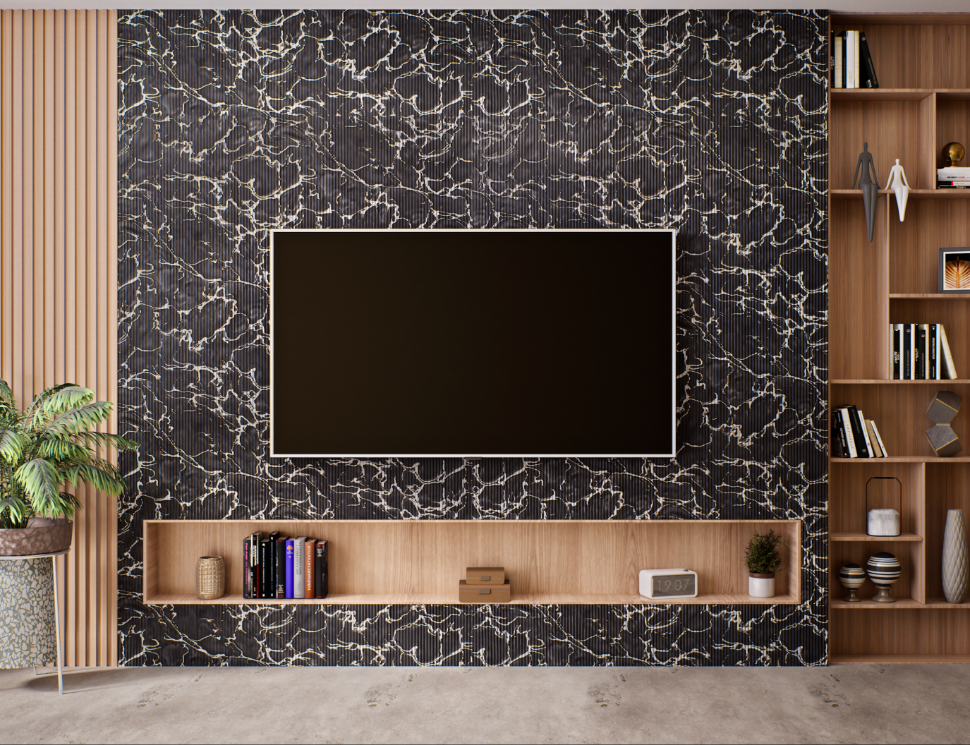 Contemporary TV Unit with Black Fluted Marble Panels and Wooden Shelves | Material Depot