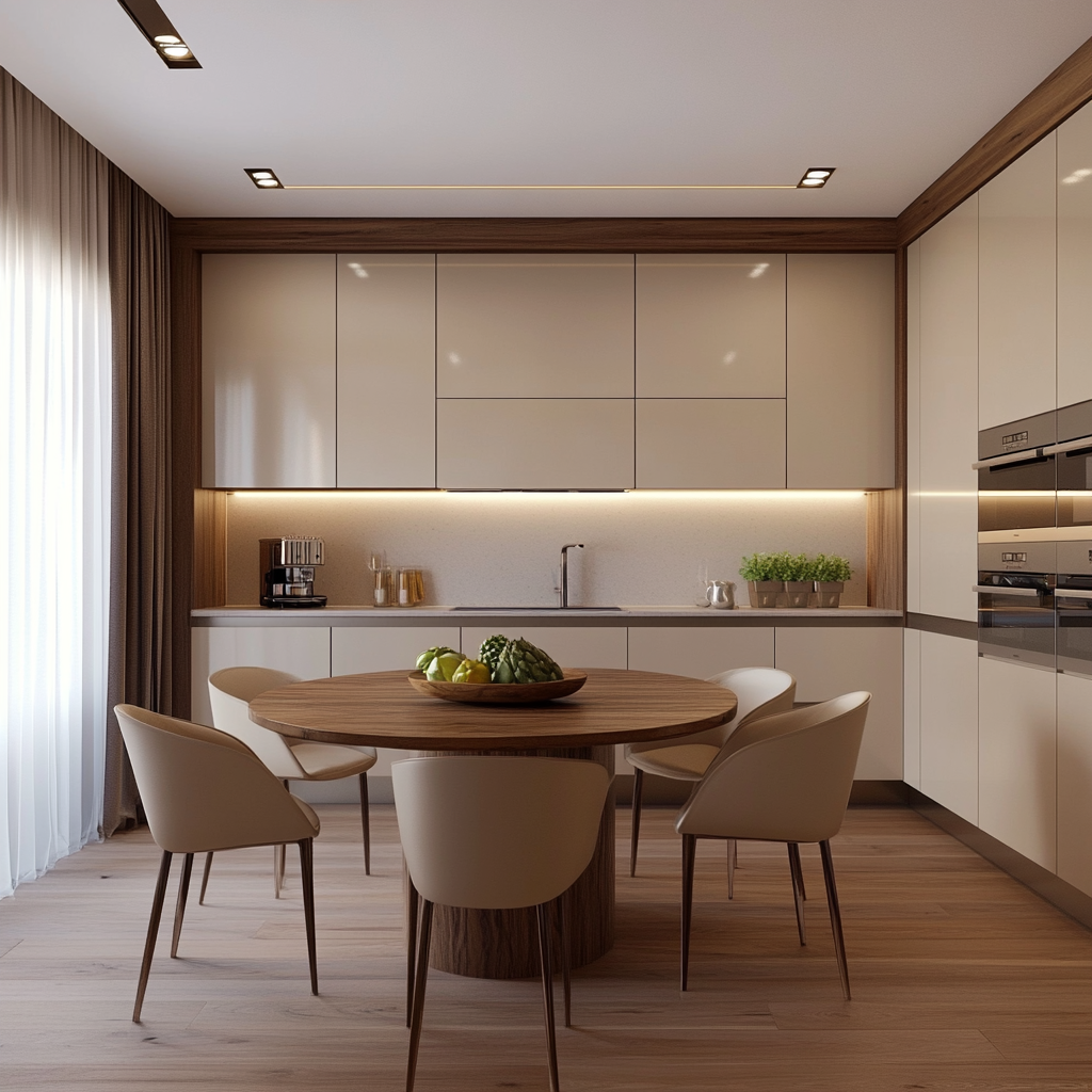 Contemporary Warmth: Chic Kitchen with Wood Accents and Integrated Dining Experience | Material Depot