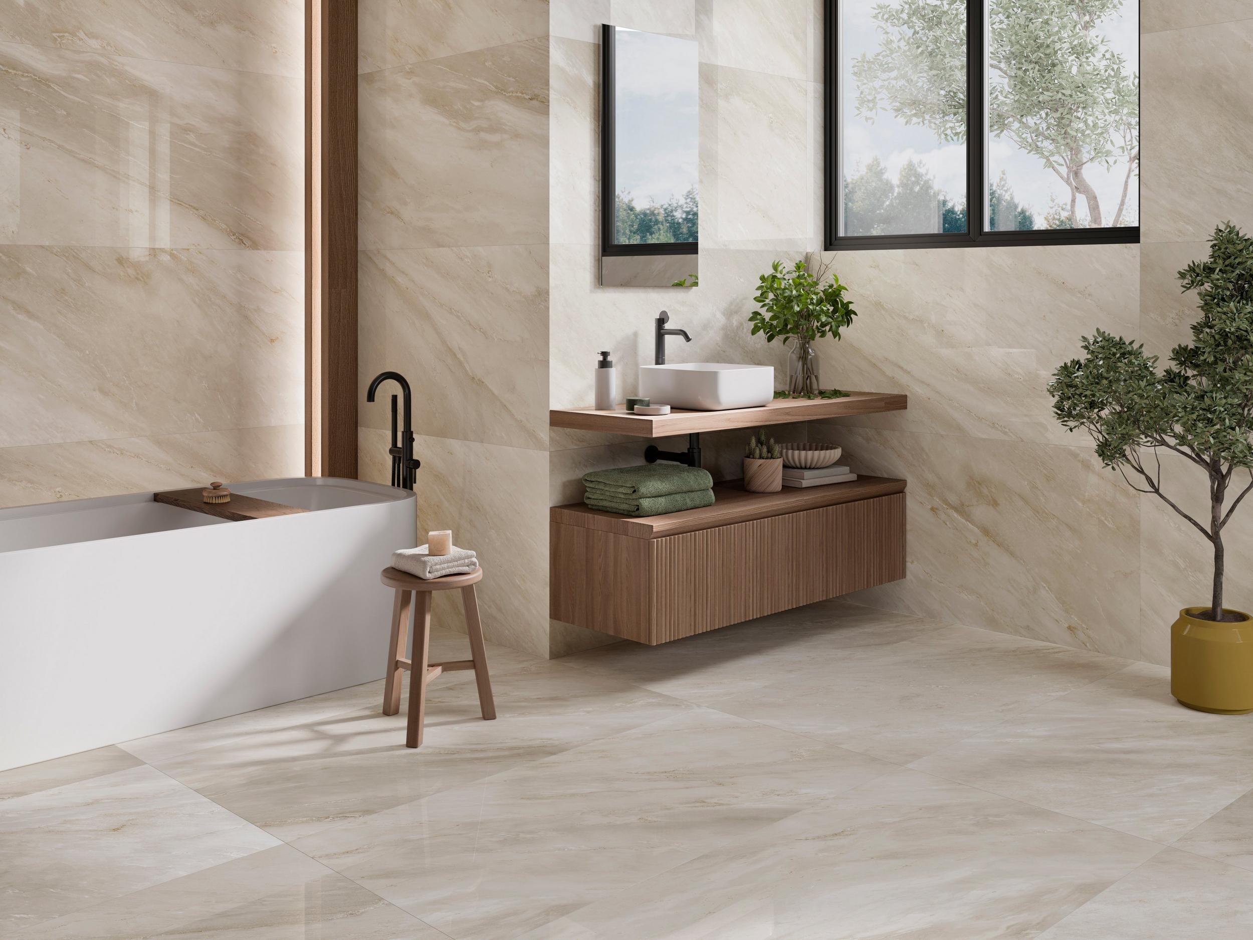 Bathroom with beige tiles