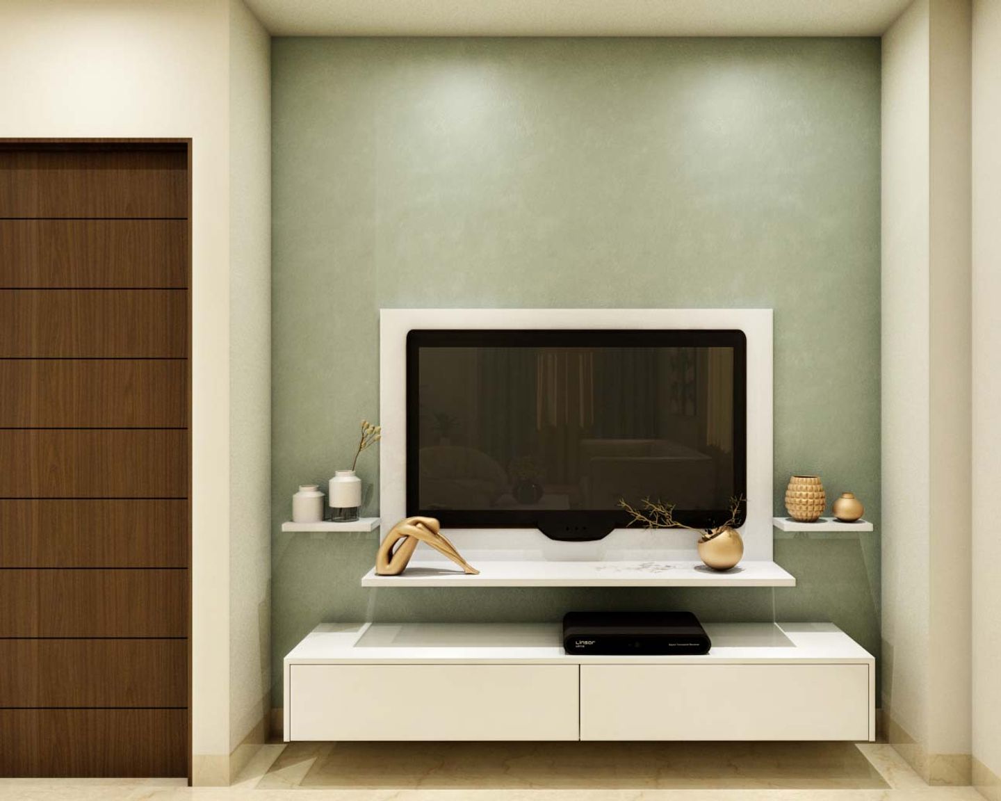 Chic Pastel Green & White TV Unit Design