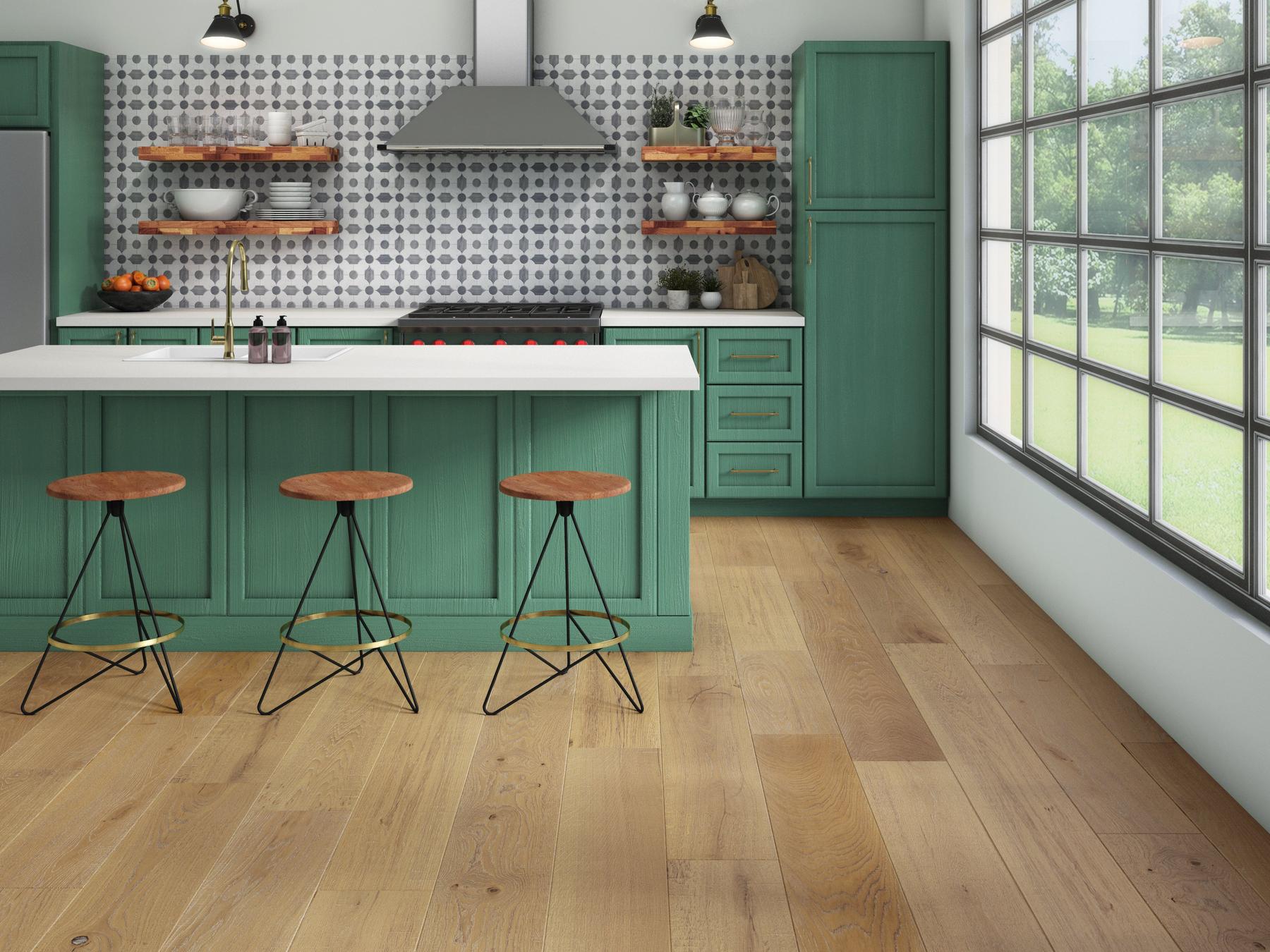 Kitchen with green laminate and wooden flooring