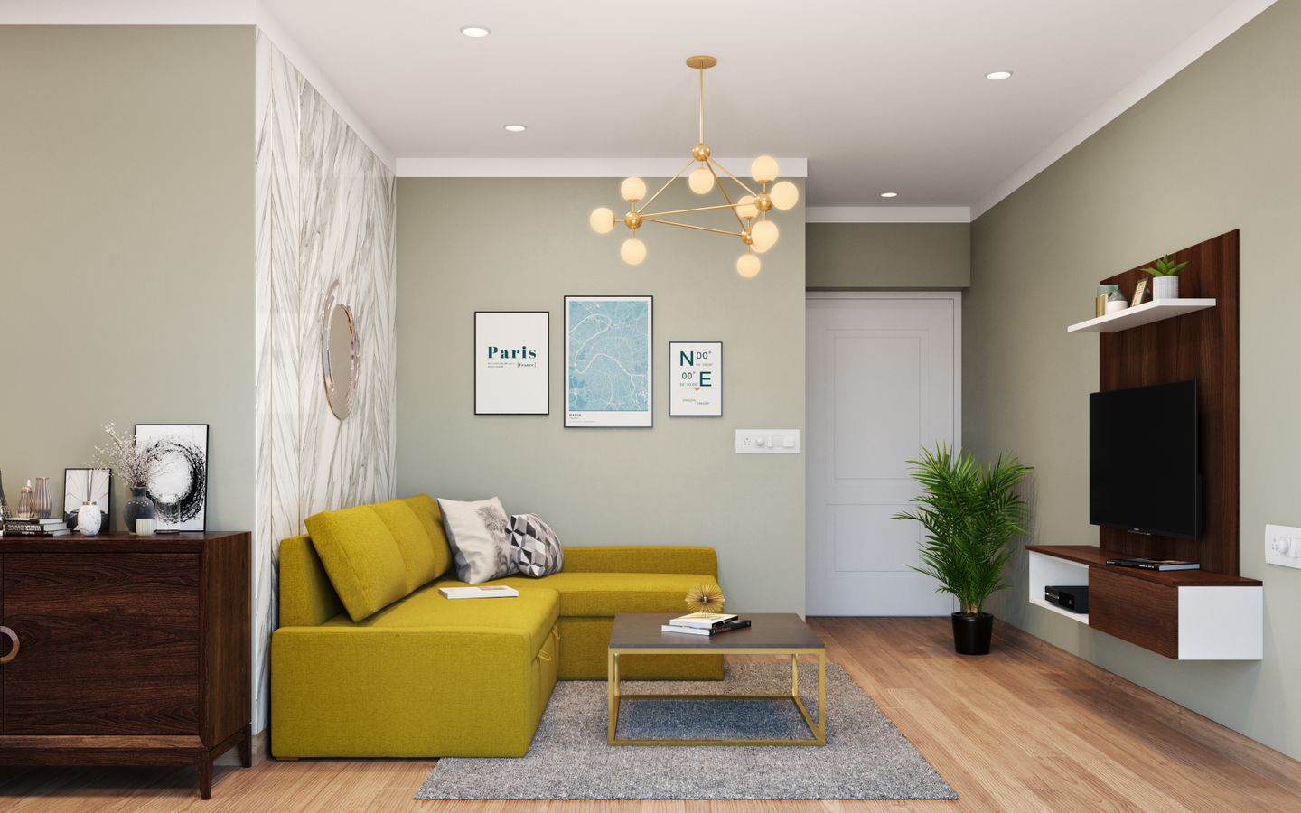 Living room with wooden laminate flooring and marble patterned walls