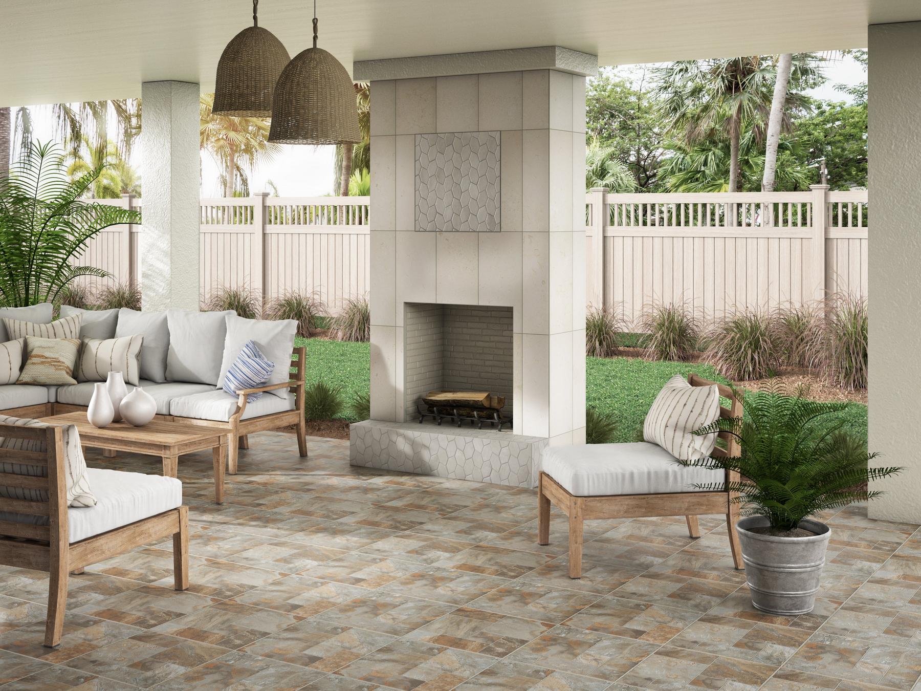 Outdoor place with patterned floor tiles and hexagonal wall tile