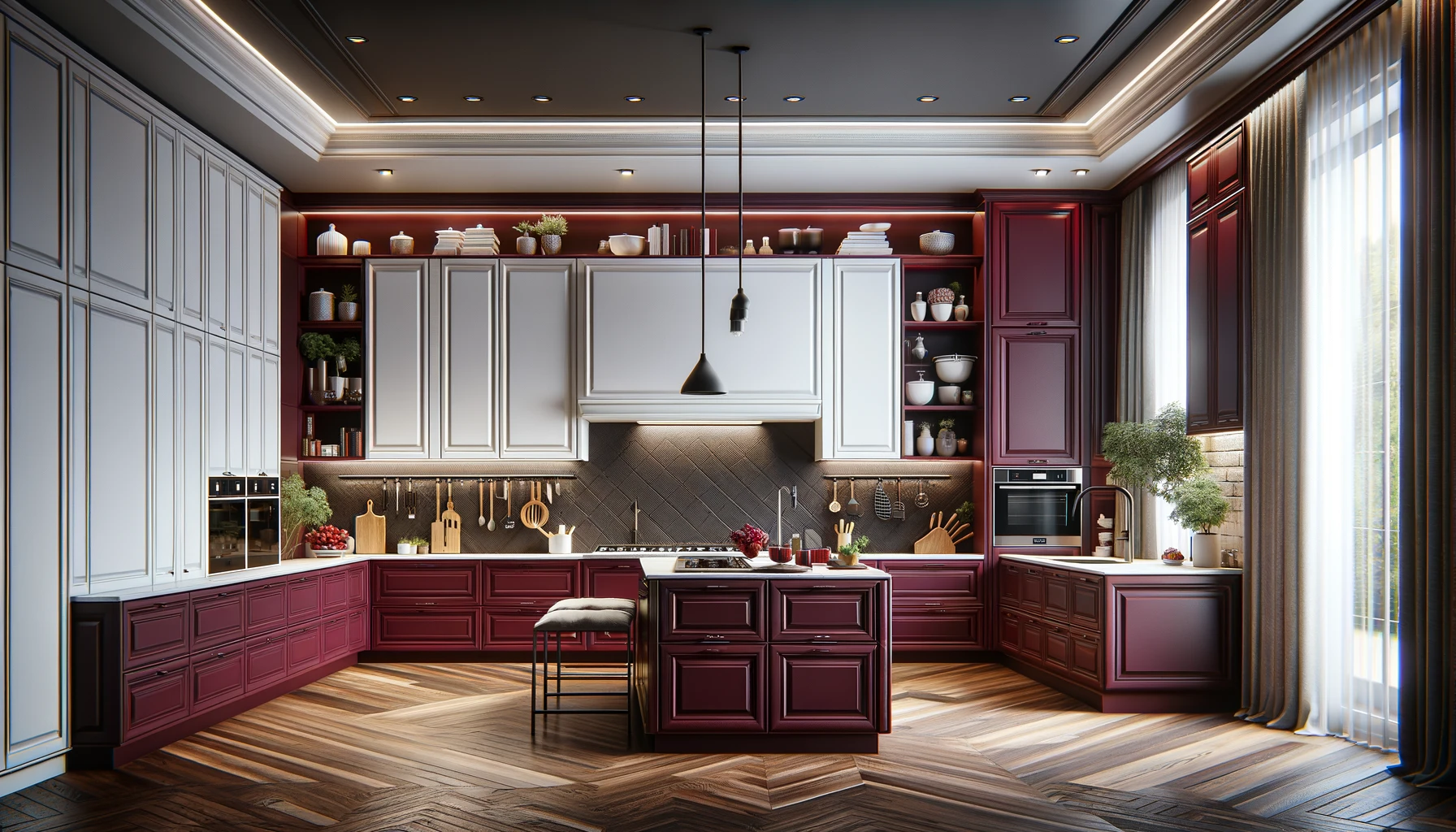 Contrasting Elegance: Maroon Cabinetry Meets Ivory in Luxurious Kitchen | Material Depot