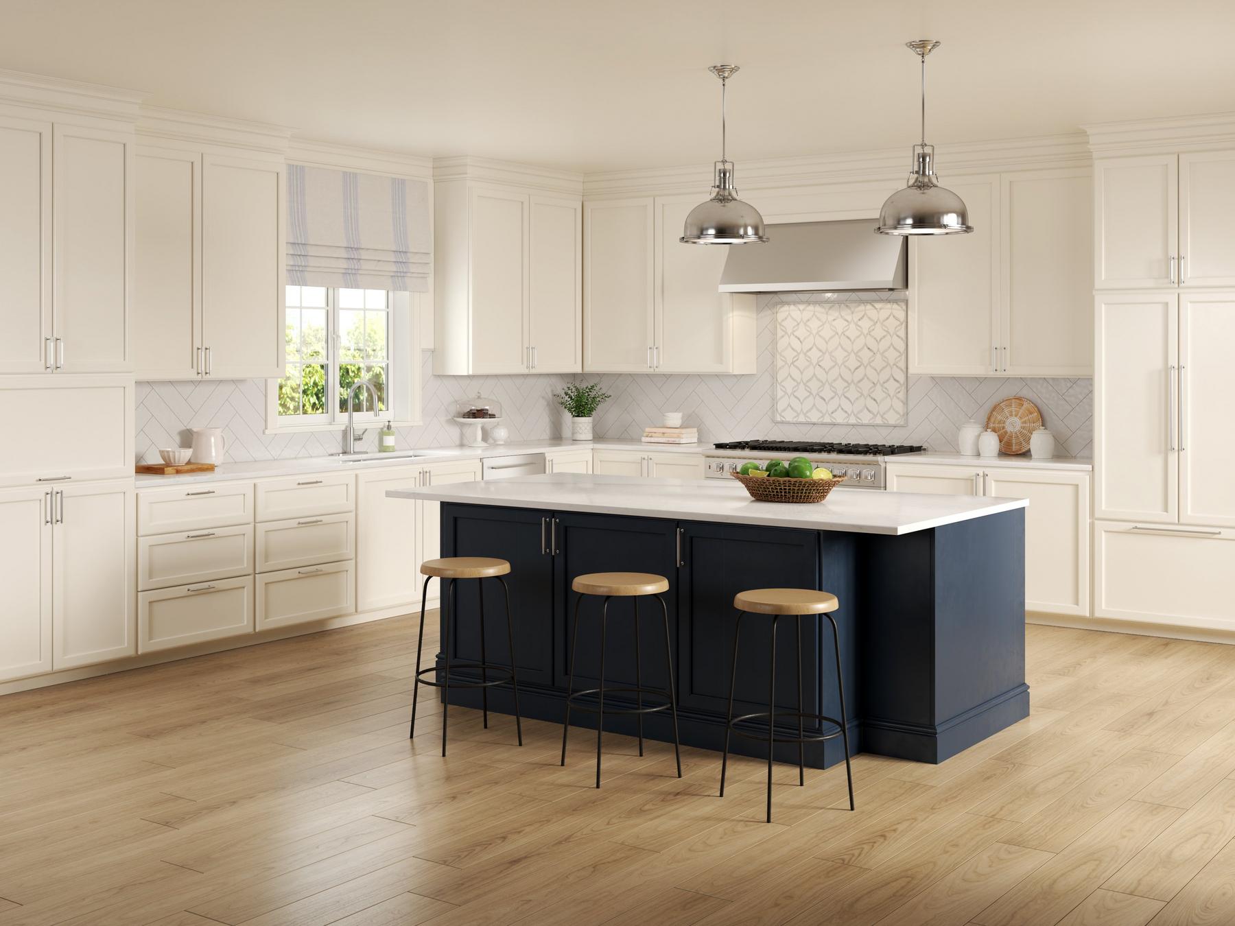 Kitchen with cream cabinets and wooden flooring