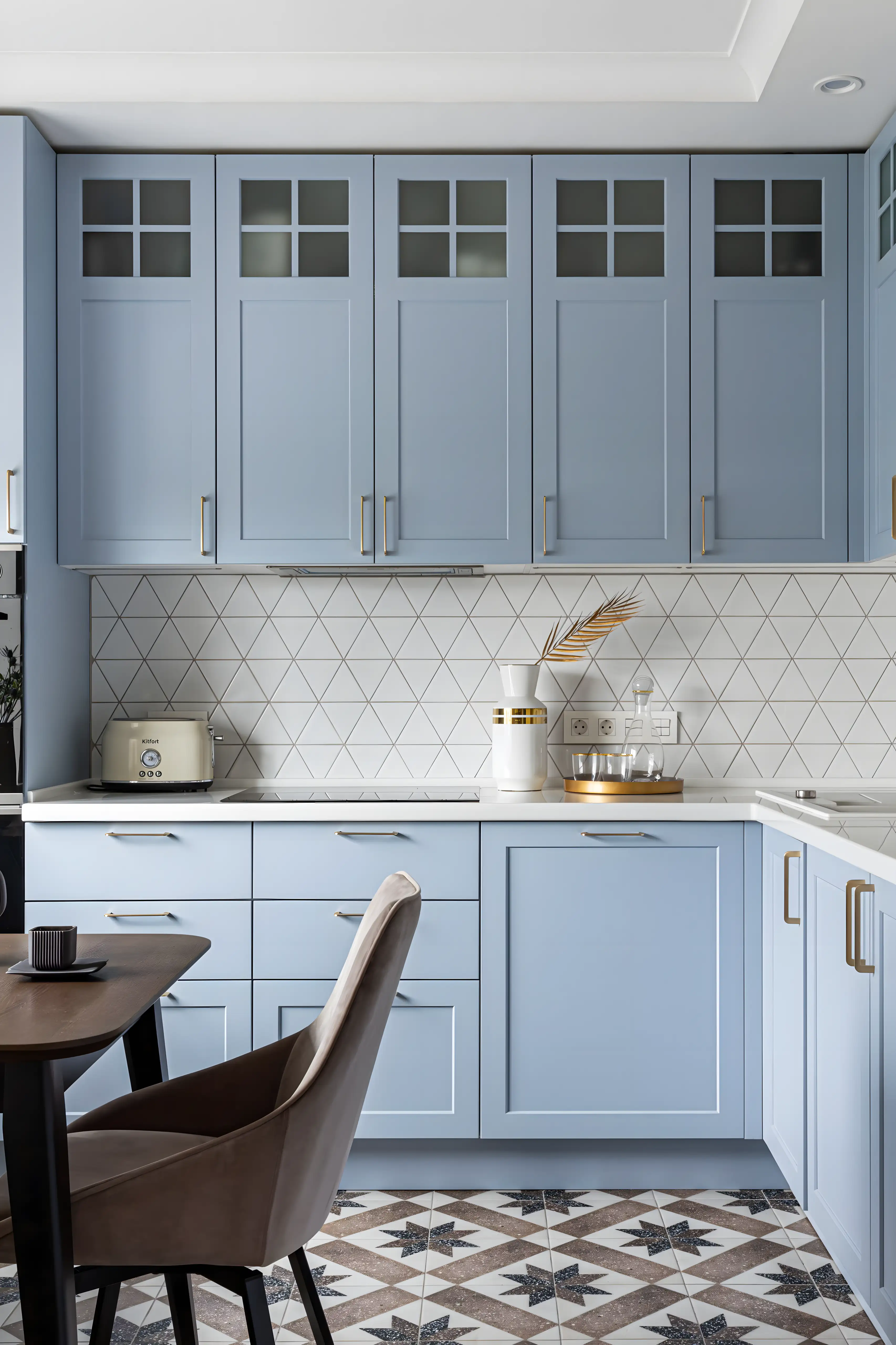 Cool Blue Kitchen with Geometric Backsplash and Star-Inspired Flooring | Material Depot