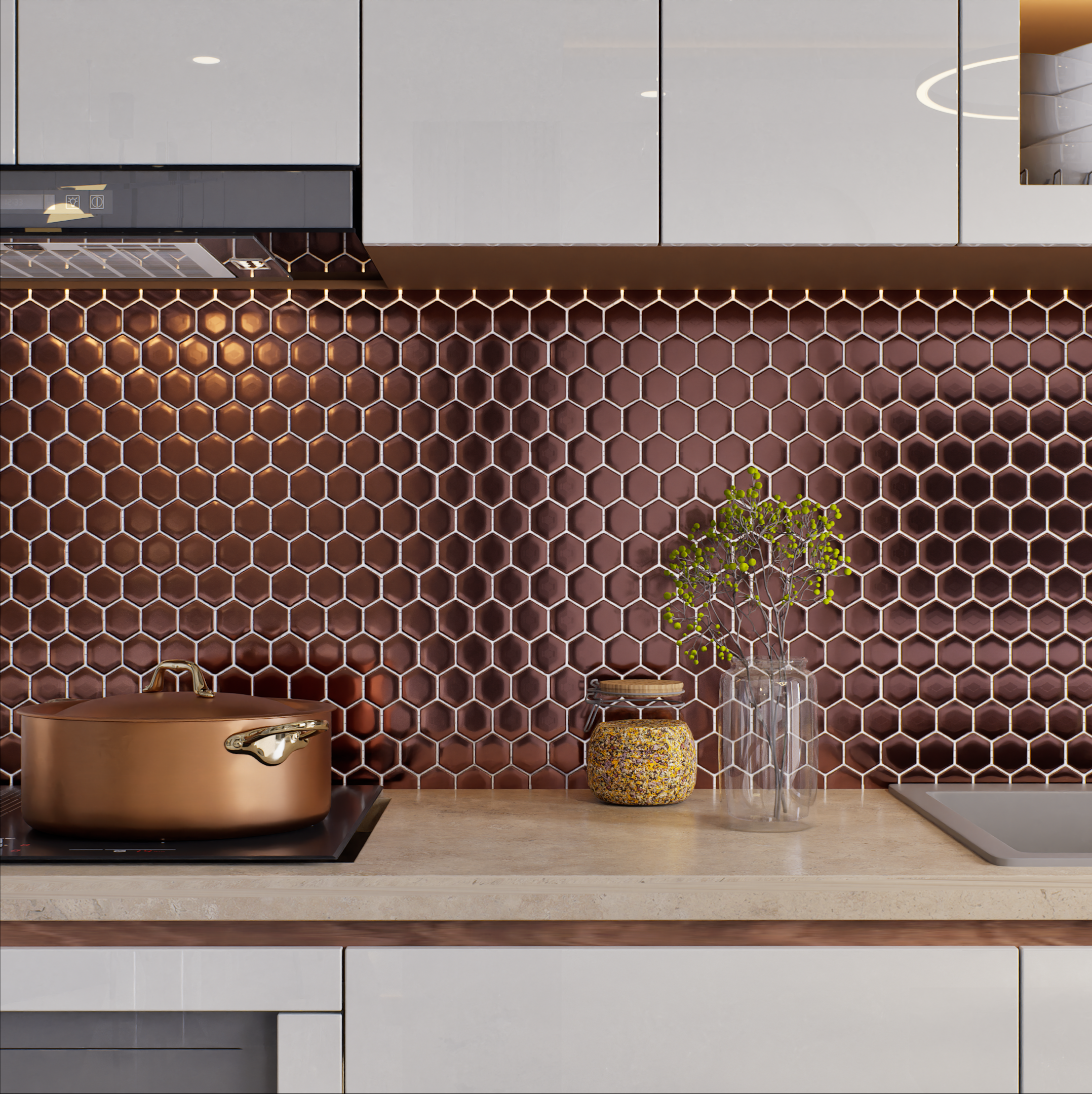 Copper Hexagonal Tile Backsplash in Modern Kitchen | Material Depot