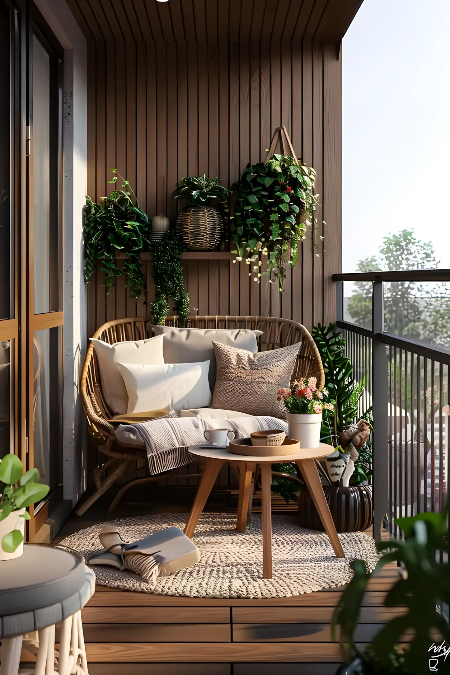 Cozy Balcony Retreat with Natural Accents and Greenery | Material Depot