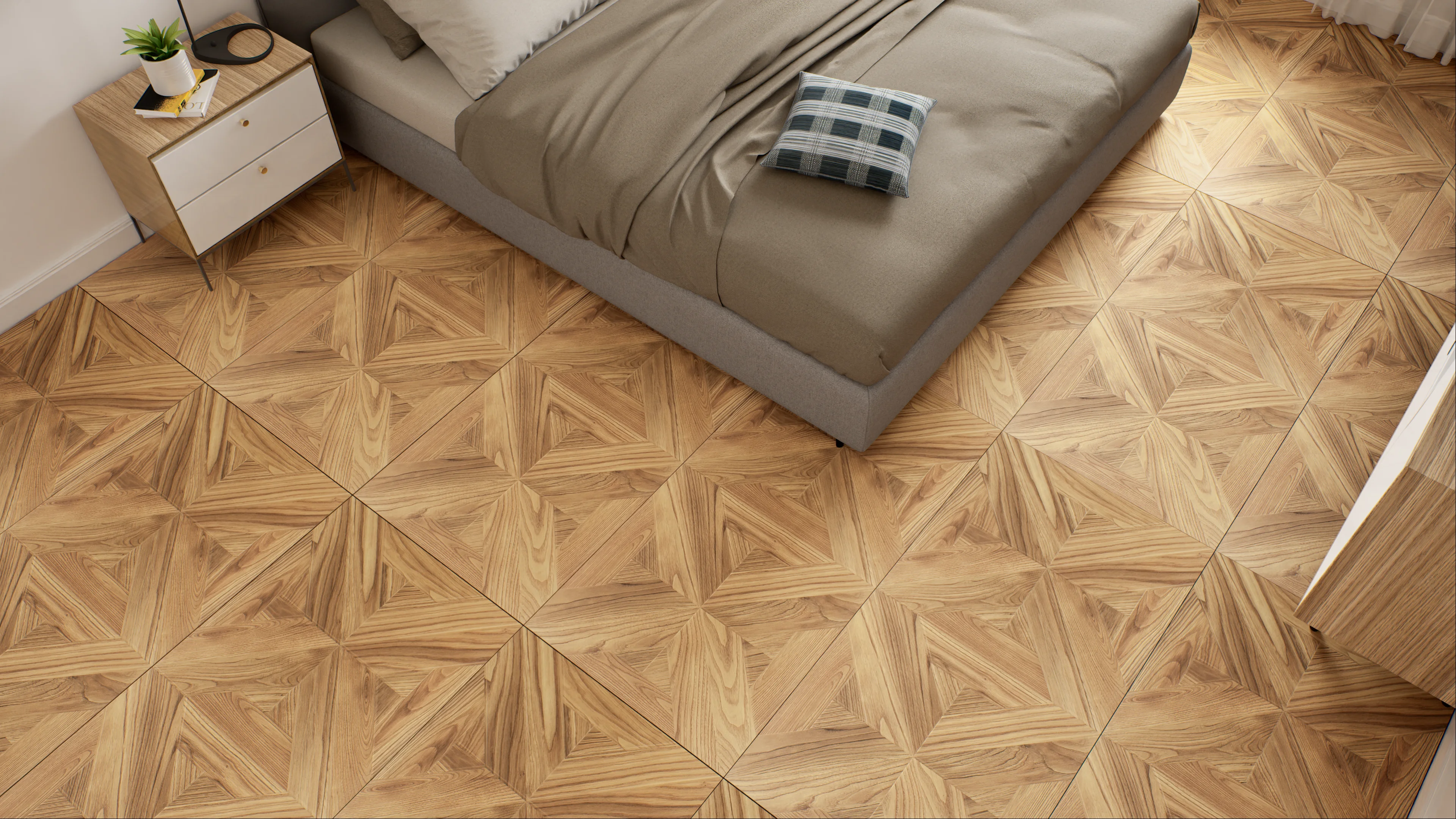 Cozy Bedroom with Light Parquet Wood Flooring | Material Depot