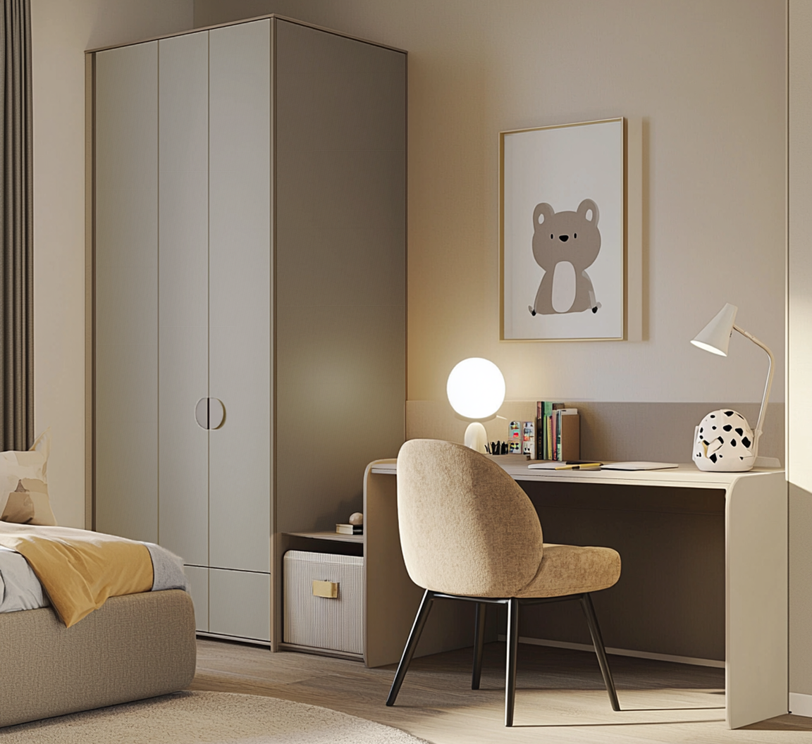 Cozy Kids' Room with Minimalist Wardrobe and Study Desk | Material Depot