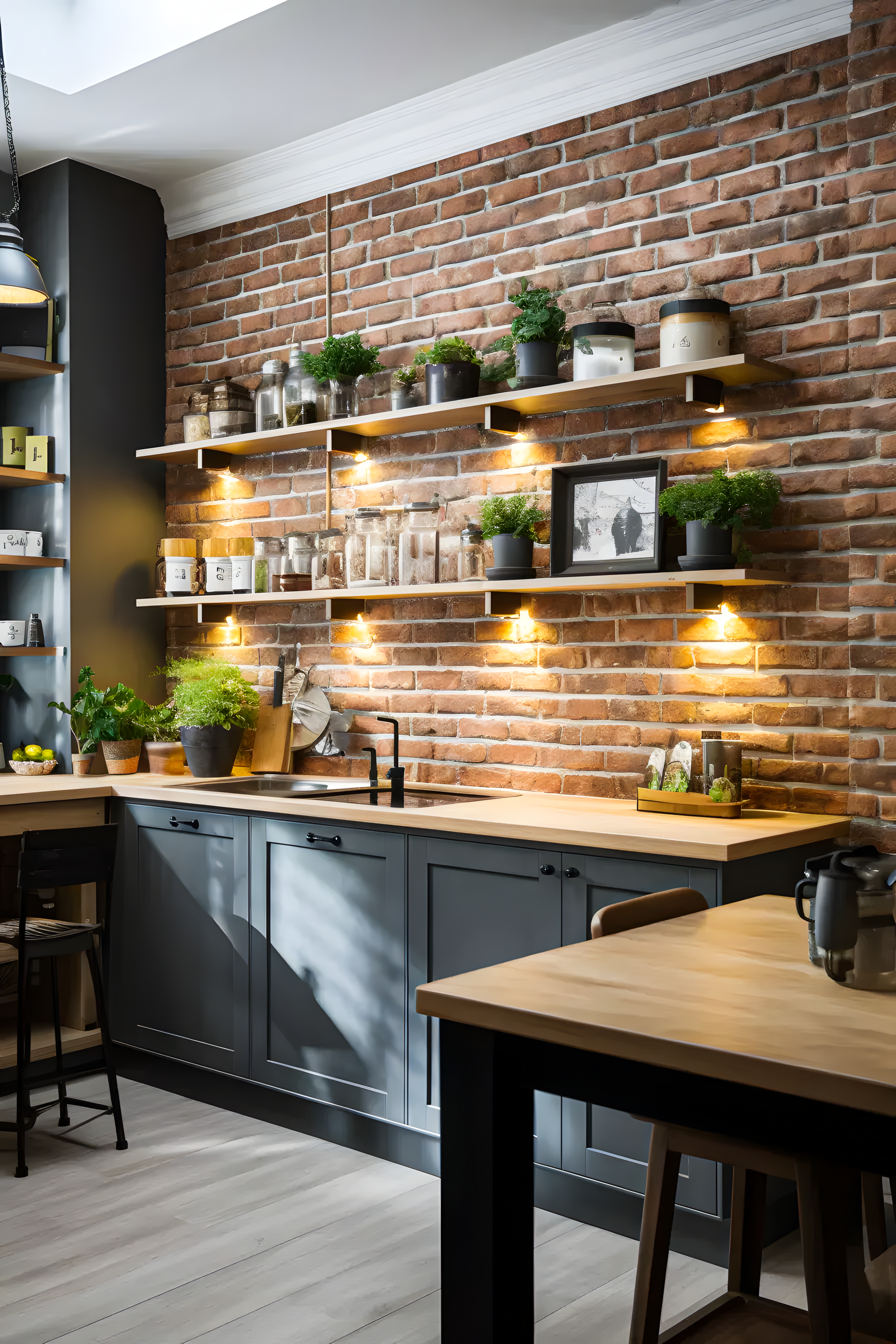 Cozy kitchen with exposed brick backsplash, warm wood shelves, and elegant gray cabinetry. | Material Depot