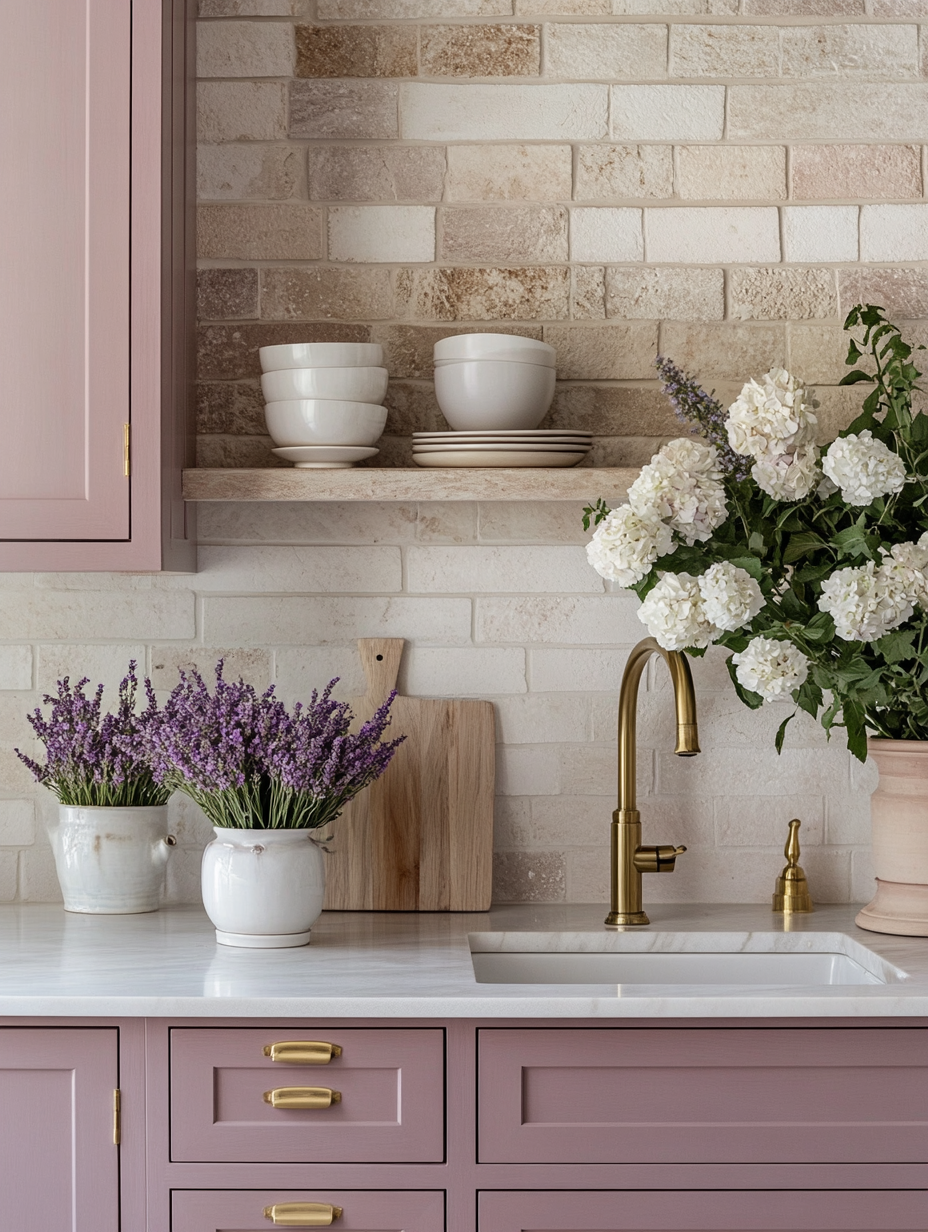 Cozy Kitchen with Lavender Accents, Rustic Features, and a Farmhouse Sink for a Welcoming Vibe | Material Depot