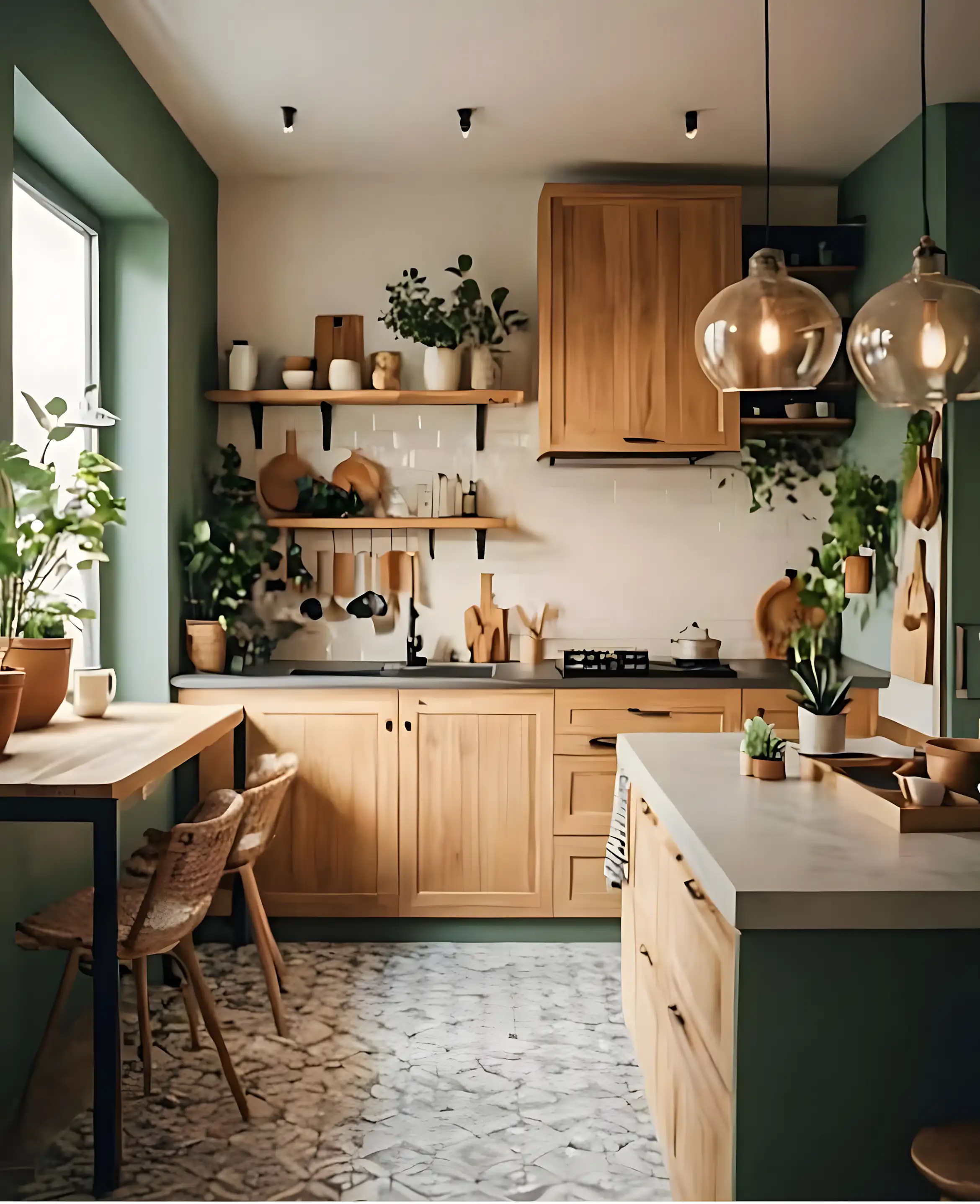 Cozy Kitchen with Natural Wood and Green Accents | Material Depot