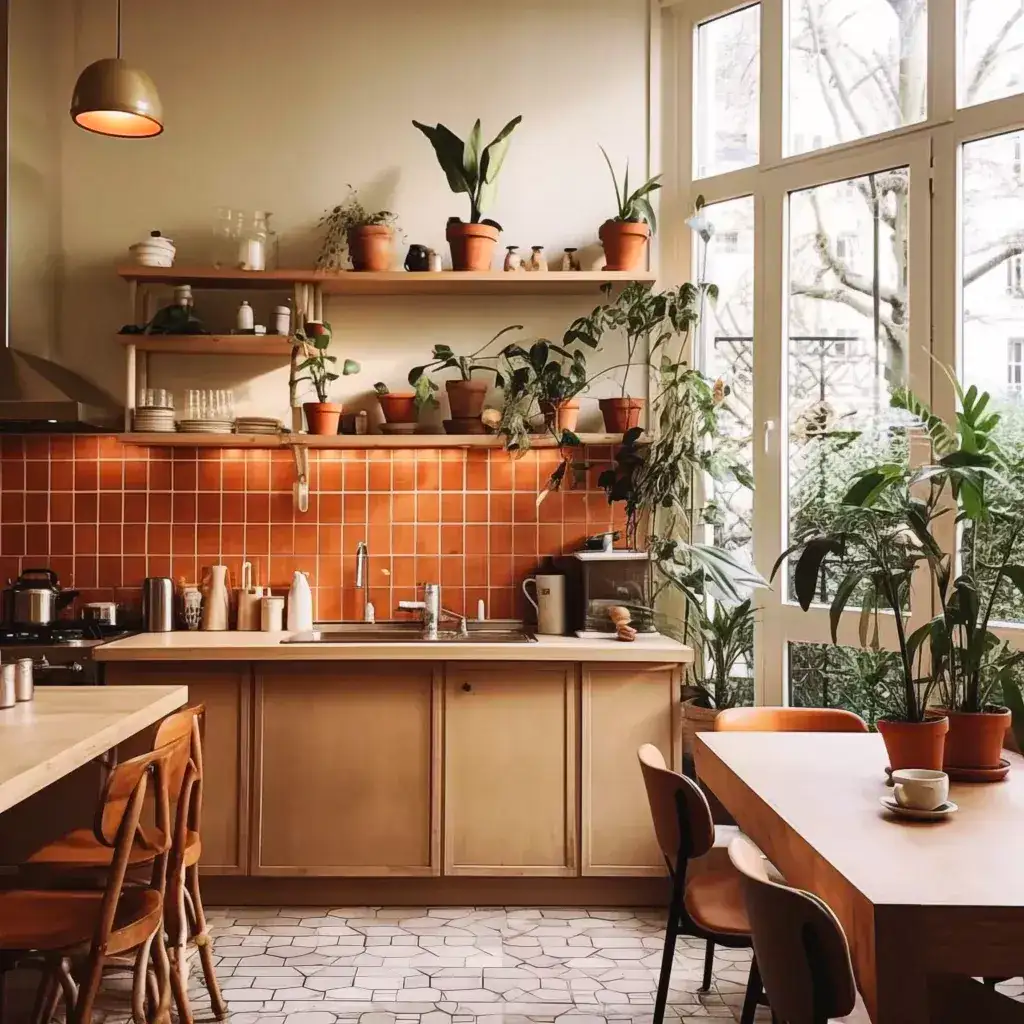 Cozy Kitchen with Terracotta Tiles and Lush Greenery | Material Depot