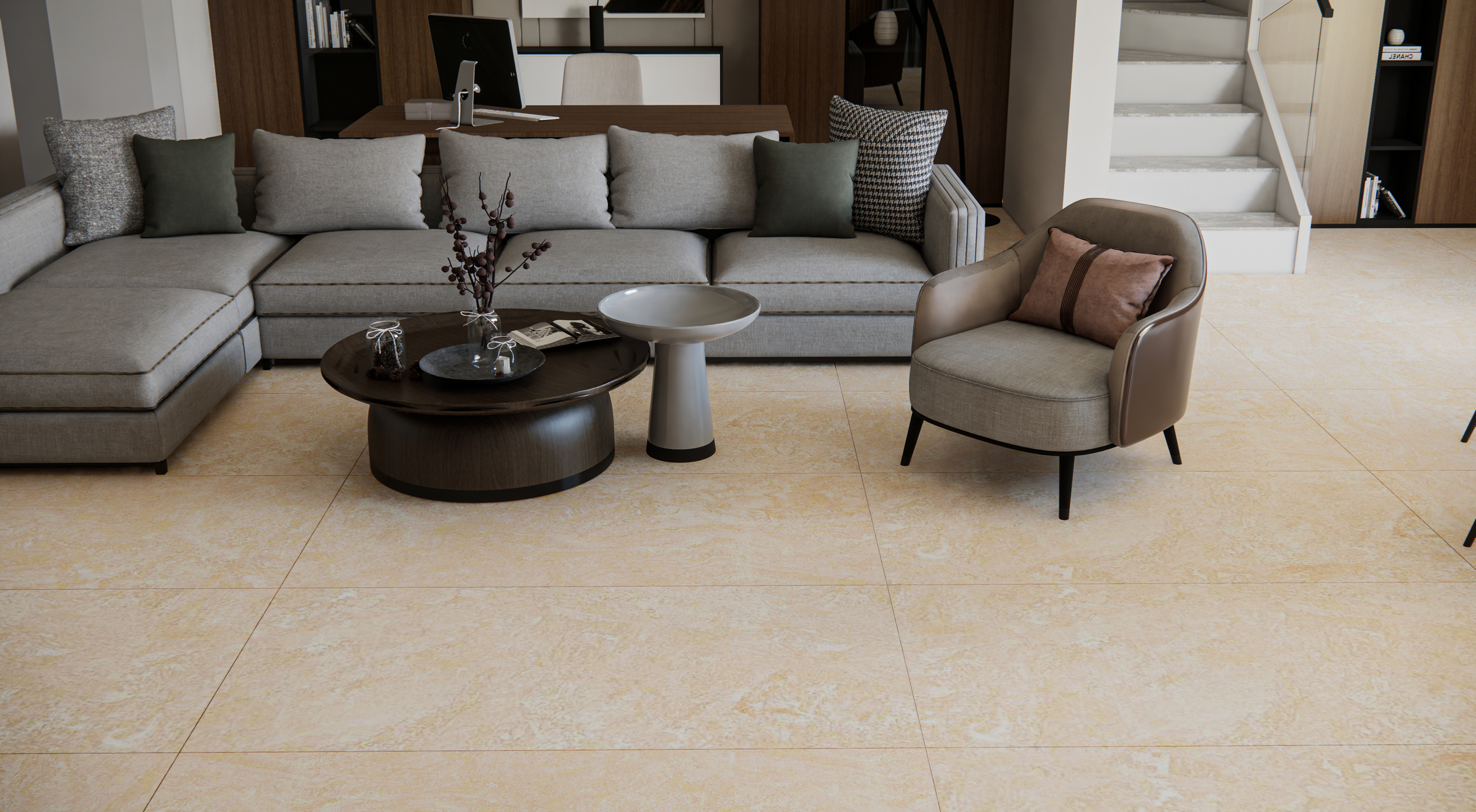 Cozy Living Room with Beige Textured Tile Flooring | Material Depot