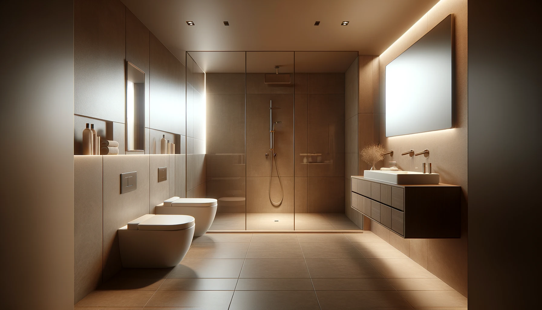 Cozy Minimalist Bathroom with Harmonious Earth Tones and Ambient Light | Material Depot