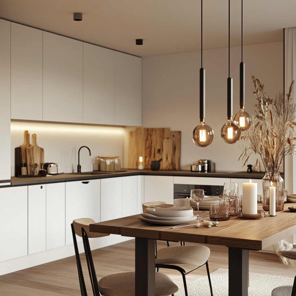 Cozy Minimalist Kitchen-Dining Area with Warm Lighting | Material Depot