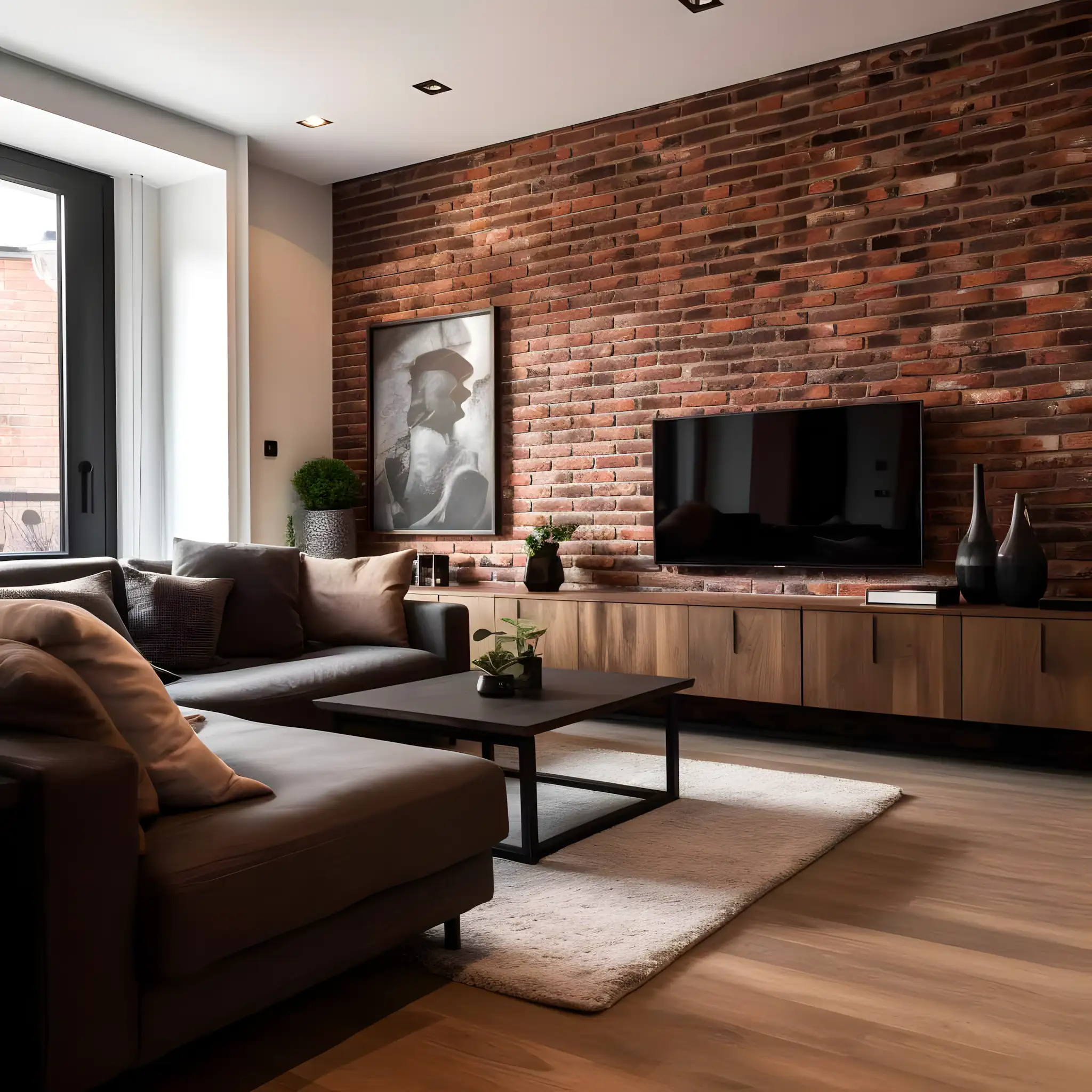 Cozy Modern Living Room with Exposed Brick Wall | Material Depot