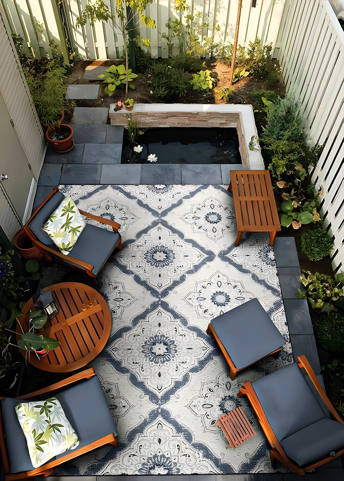 Cozy Patio with Outdoor Rug and Water Feature | Material Depot