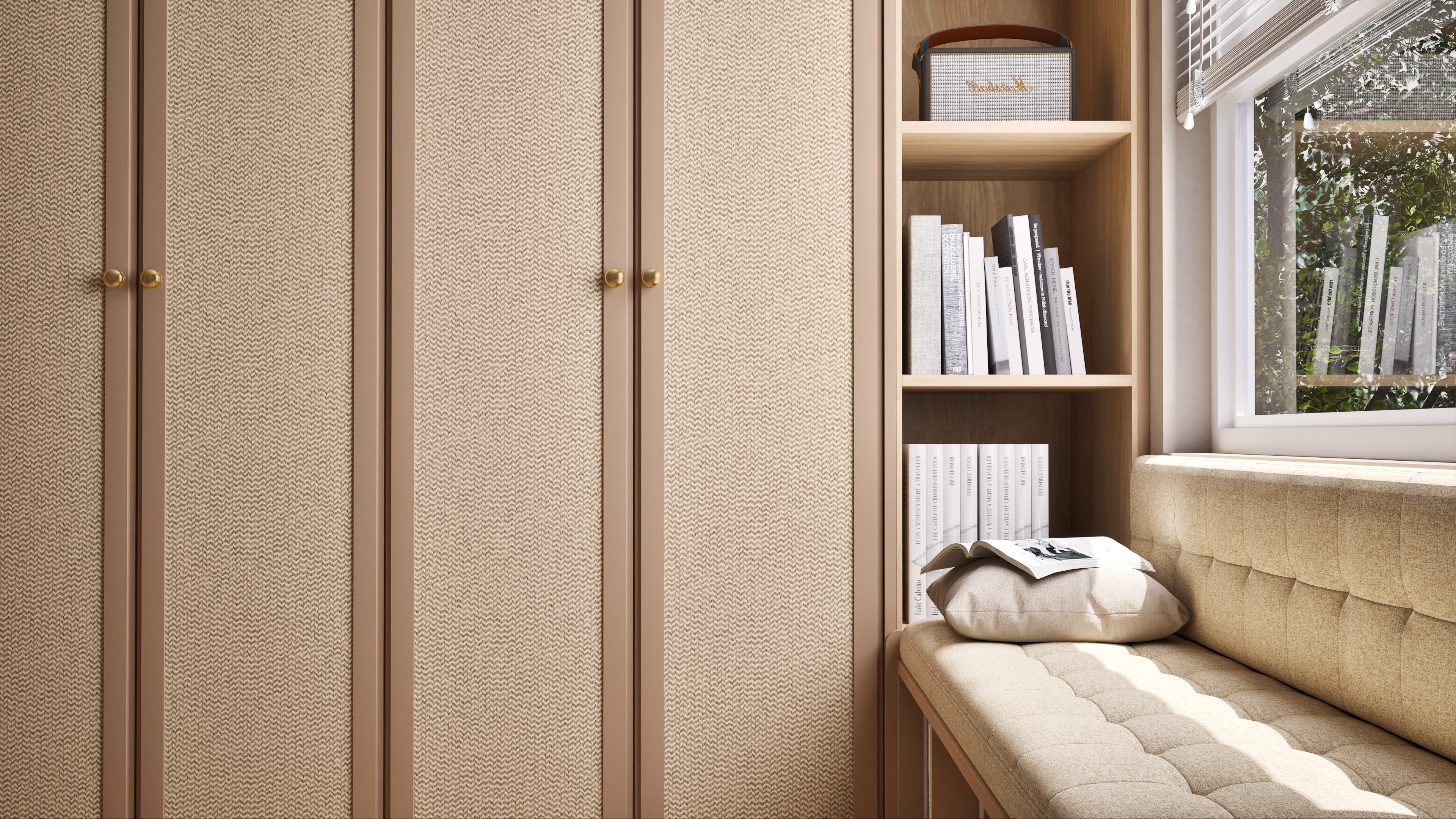 Cozy Reading Nook with Woven Textured Wardrobe and Natural Light | Material Depot