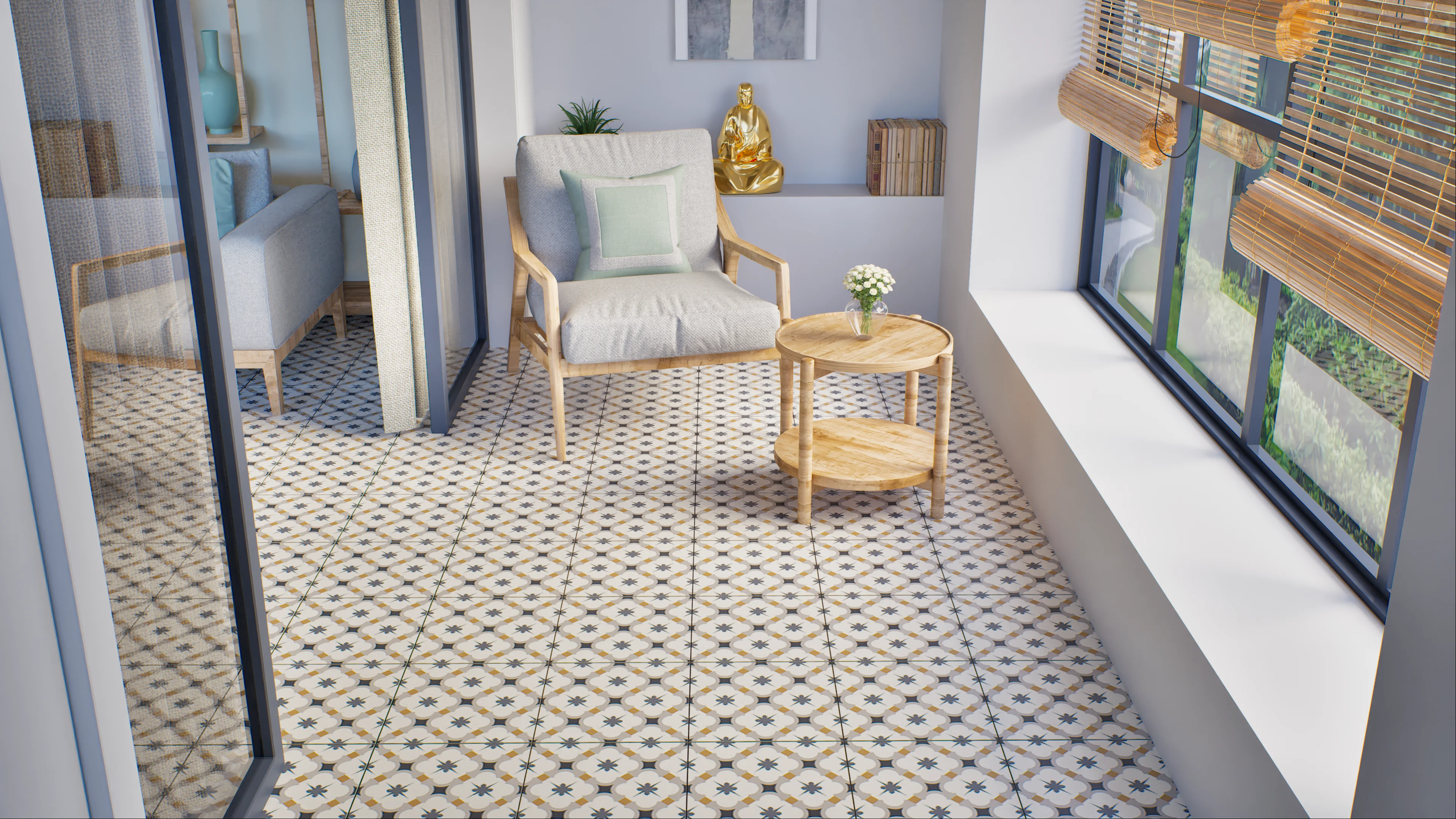 Cozy Sunroom with Patterned Tile Floor | Material Depot